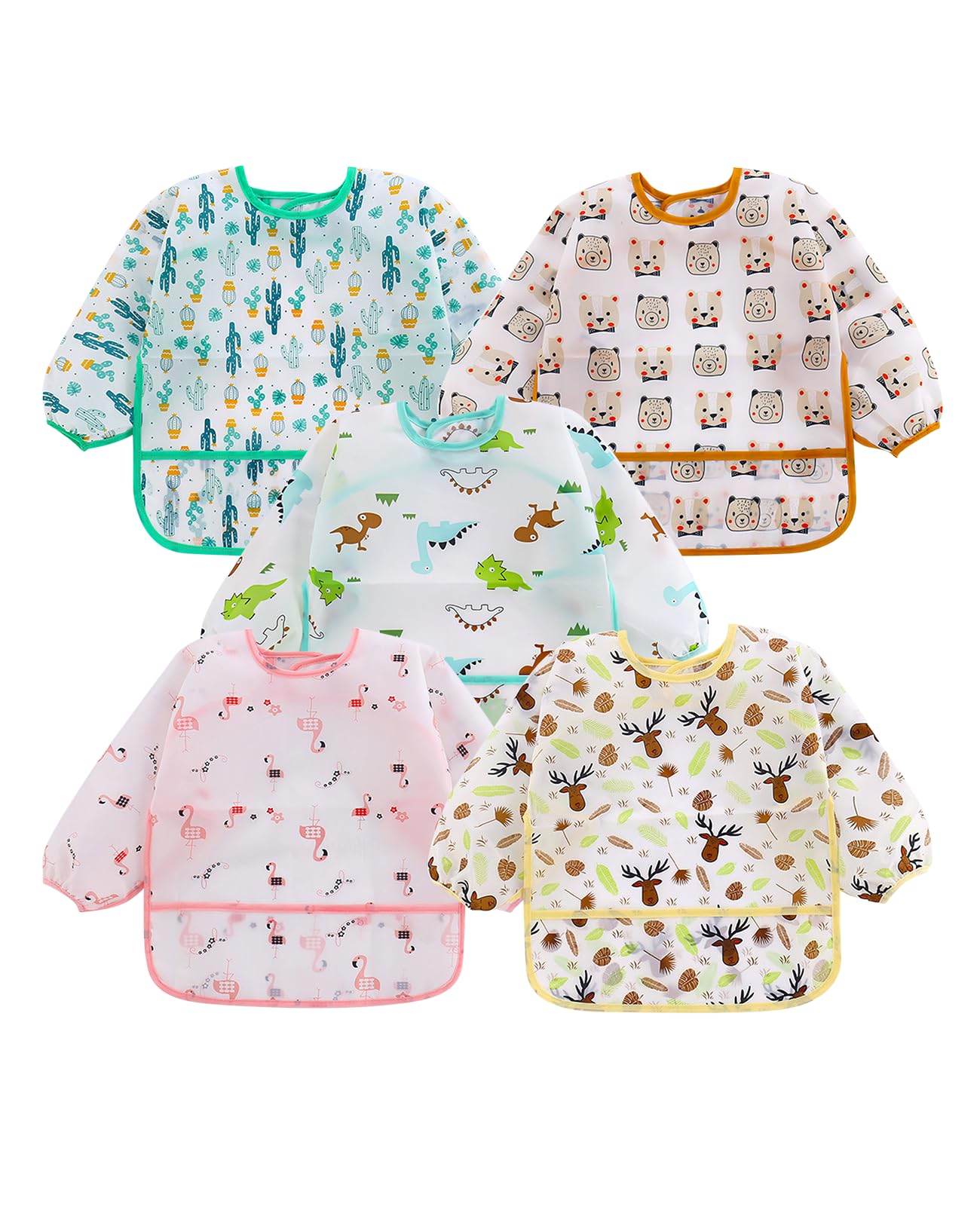 ALONK 5 Stück Lätzchen Baby mit Ärmeln, Wasserdichtes Latz mit Ärmel Set für Babys 6 Bis 24 Monate, Ärmellätzchen für Füttern, Spielen & Alltag