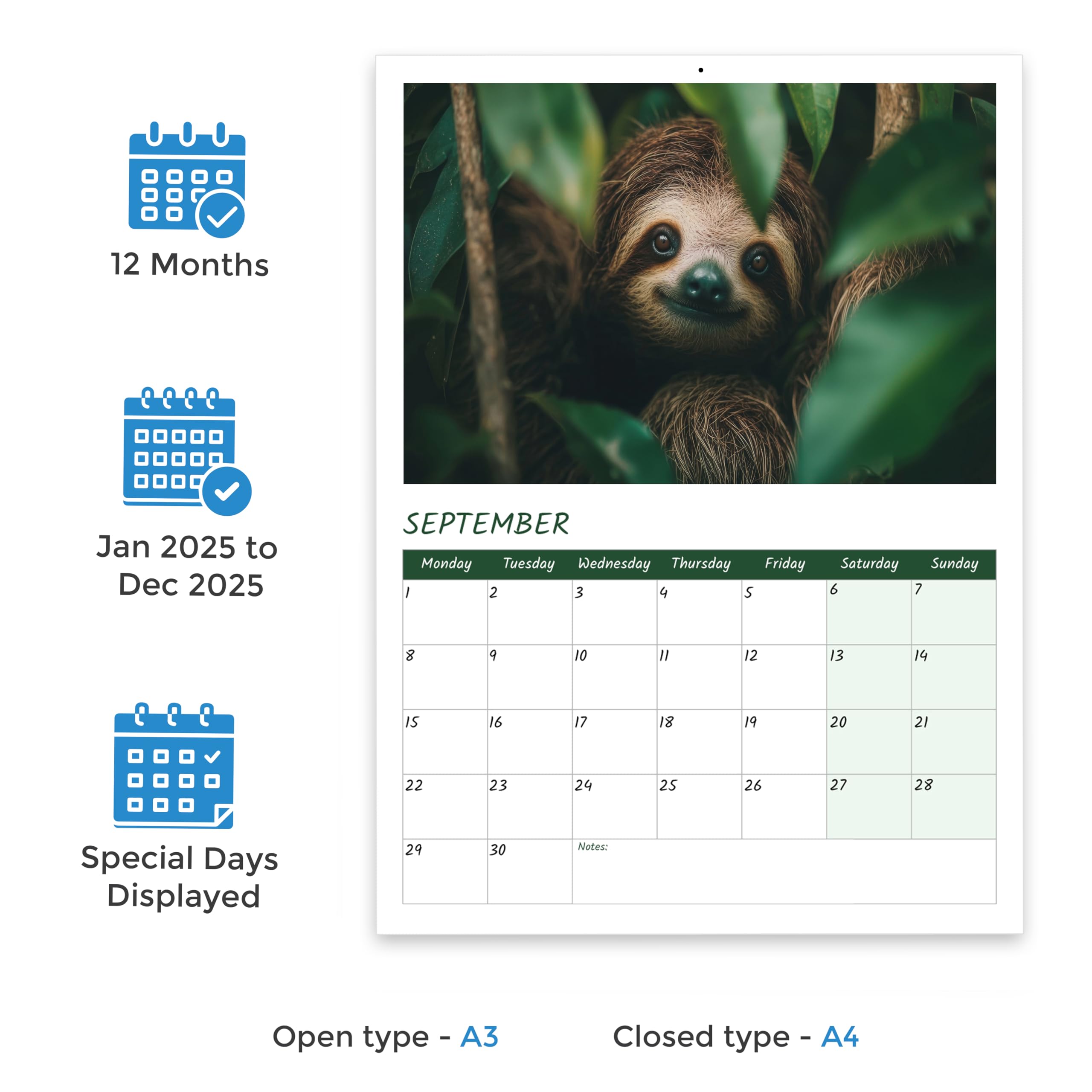 Sloth Calendar 2026 A4 12 Month View Wall Calendar 2026 A3 When Open Papa Prints (Sloth Stable), A4 Stapled - Sloth - Image 2