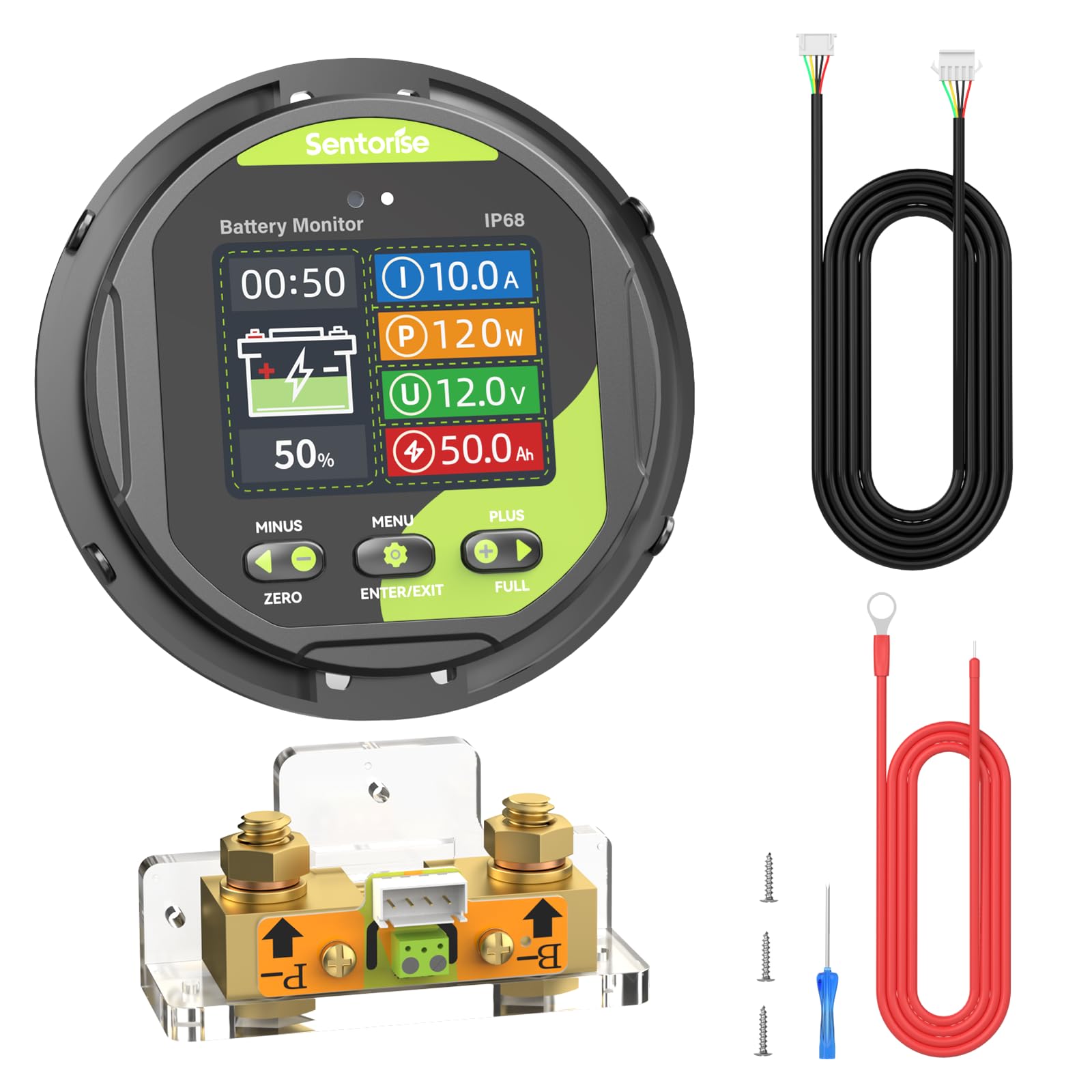0-500A Batteriemonitor mit Shunt, 8-120V, IP68 LCD wasserdicht, Summeralarm für RV, Solar, Marine, Offgrid. Anzeige Kap.%, Zeit, Leistung, Spannung