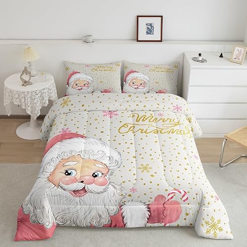 Juego de edredón de Feliz Navidad, tamaño Queen, juego de ropa de cama de copos de nieve con purpurina dorada, juego de edredón de dibujos animados