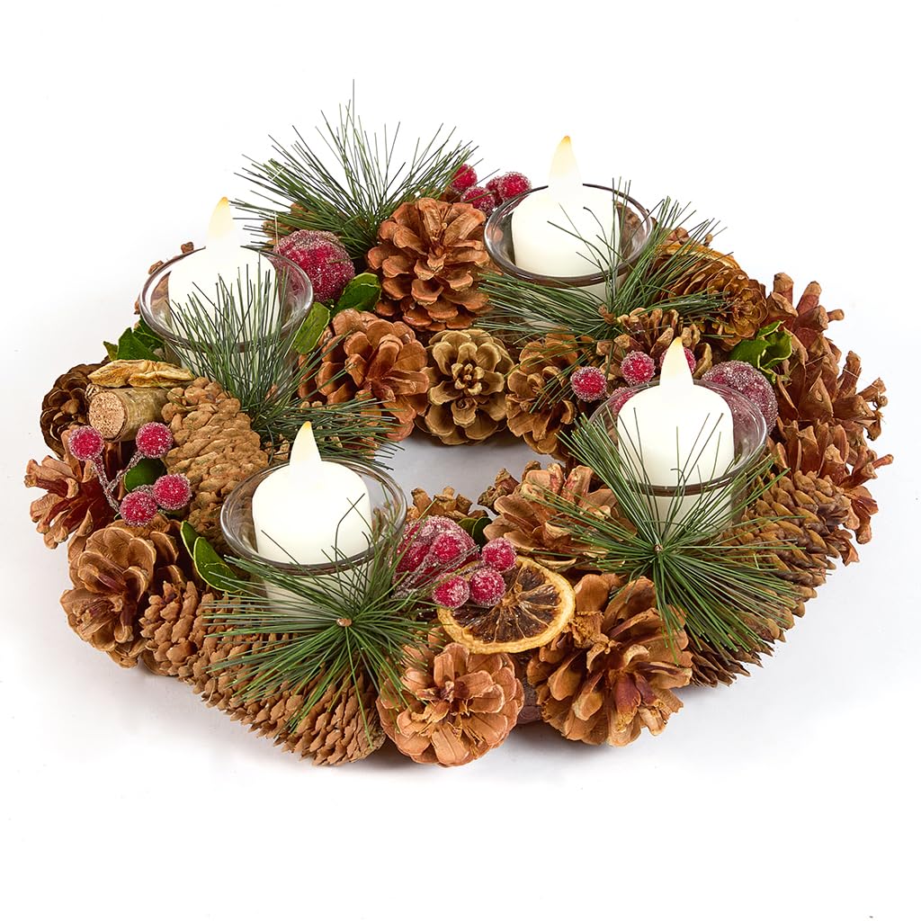Decorative Winter Tea Light Candle Holder Pine Cone & Dried Citrus Décor (DN28)