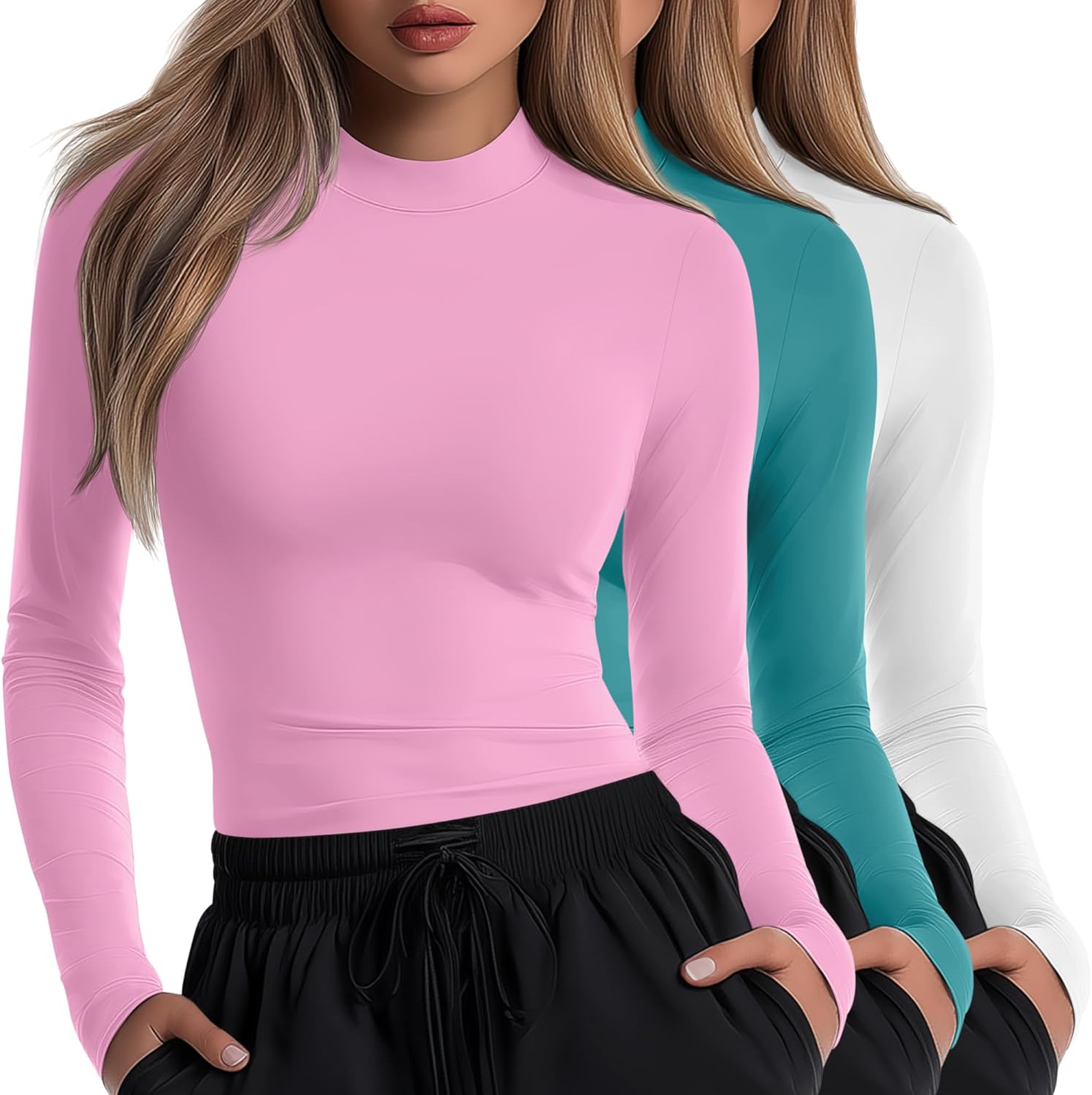 Neer 3 Pack Women's Underscrubs Long Sleeve Shirts Mock Turtleneck Slim Fit Scrub Top Basic Tee Undershirt for Nurse