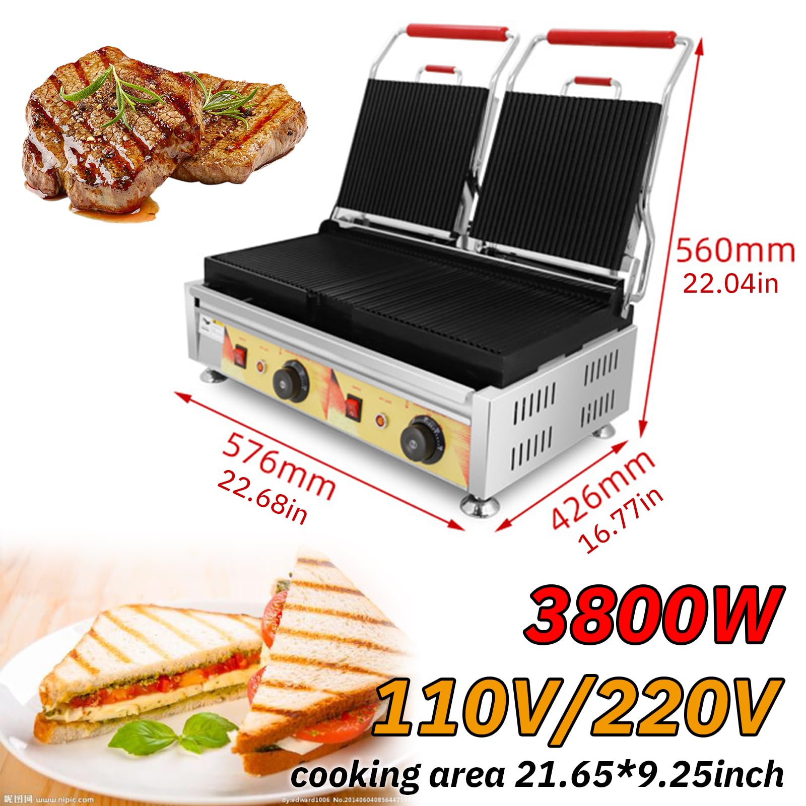 Panini Press Sandwich Maker, Grill Elettrico 3800W con Doppie Piastre Antiaderenti, Indicatori Luminosi, Controllo Temperatura Indipendente, Tostadora De Pan in Acciaio Inossidabile