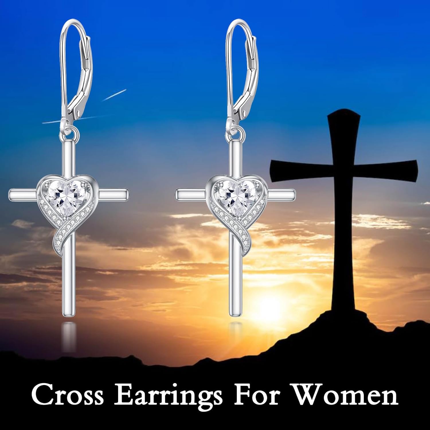 TOUPOP Birthstone Cross Earrings 925 Sterling Silver Heart Cross Drop Dangle Earrings Fine Jewelry Mothers Day Birthday Gifts for Women Her Wife Mom
