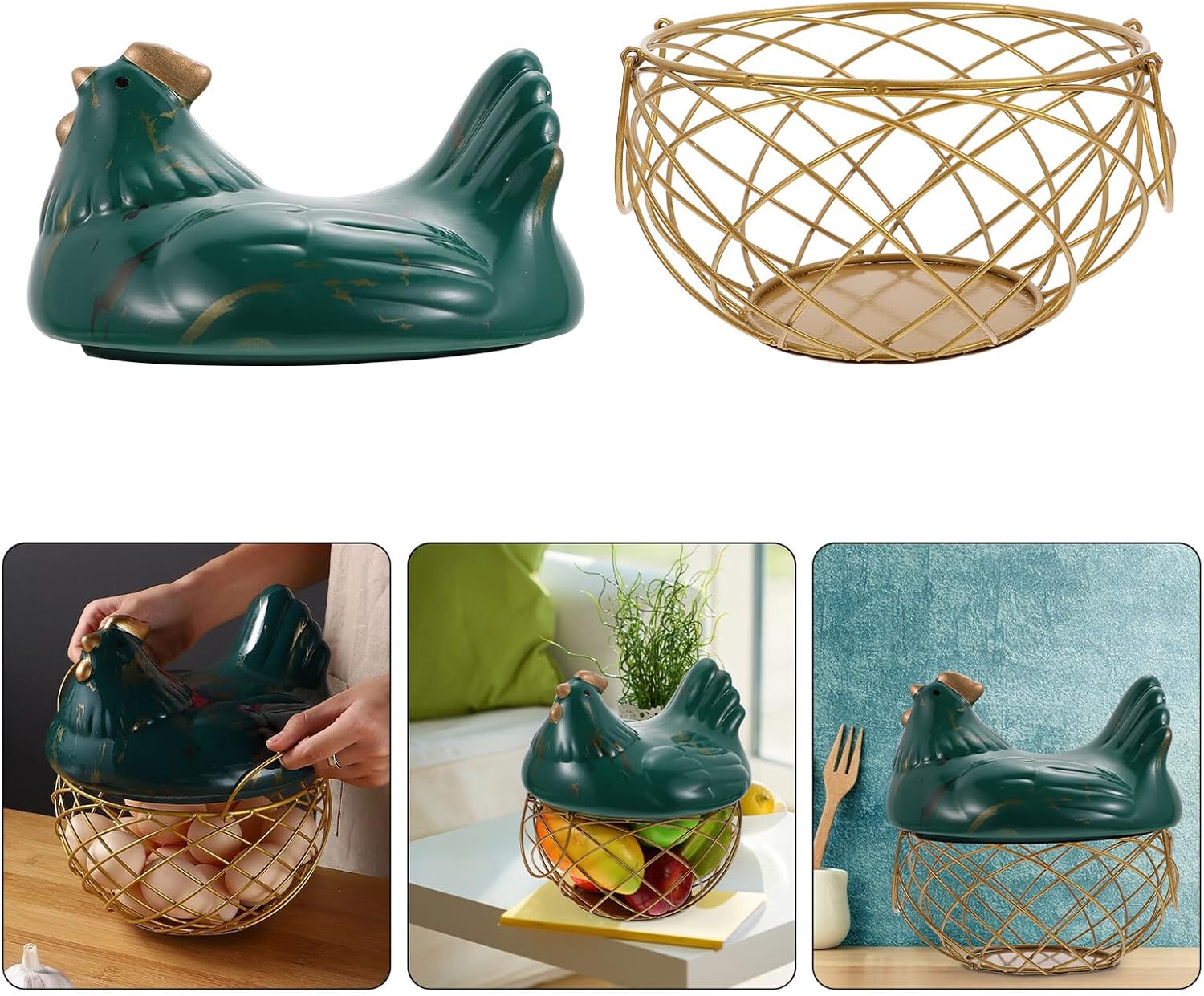 VANZACK Chicken Shaped Iron Egg Basket with Lid, tone Grid Design, Sturdy Home Egg Holder for Kitchen Storage and Fruit Organization