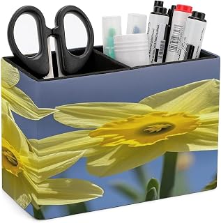Yellow Daffodils Flowers Pen Holders for Desk Small Remote Control Holder Leather Pencil Cup with Double Compartments Desktop Organizer for Table Desk Office Space Saving