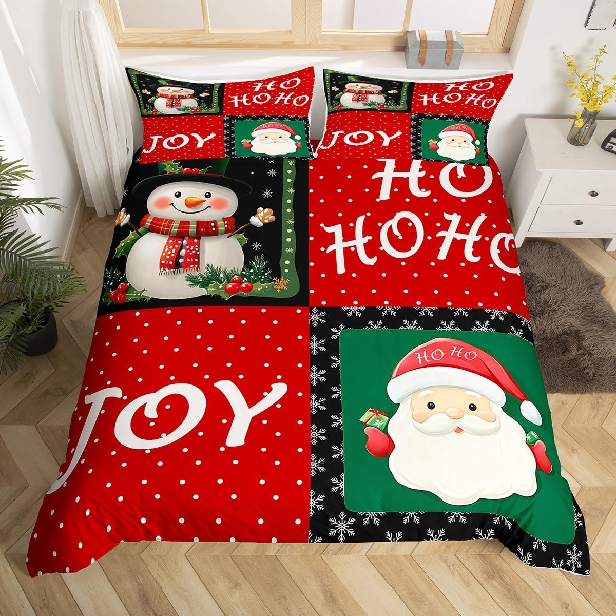 Merry Christmas Duvet Cover Set Cute Cartoon Winter Snowman Bedding Set for Kids Boys Girls Teens White Snow Retro Blue Plaid Comforter Cover with 1 Pillowcase(No Comforter) Toddler Size 2 Pcs