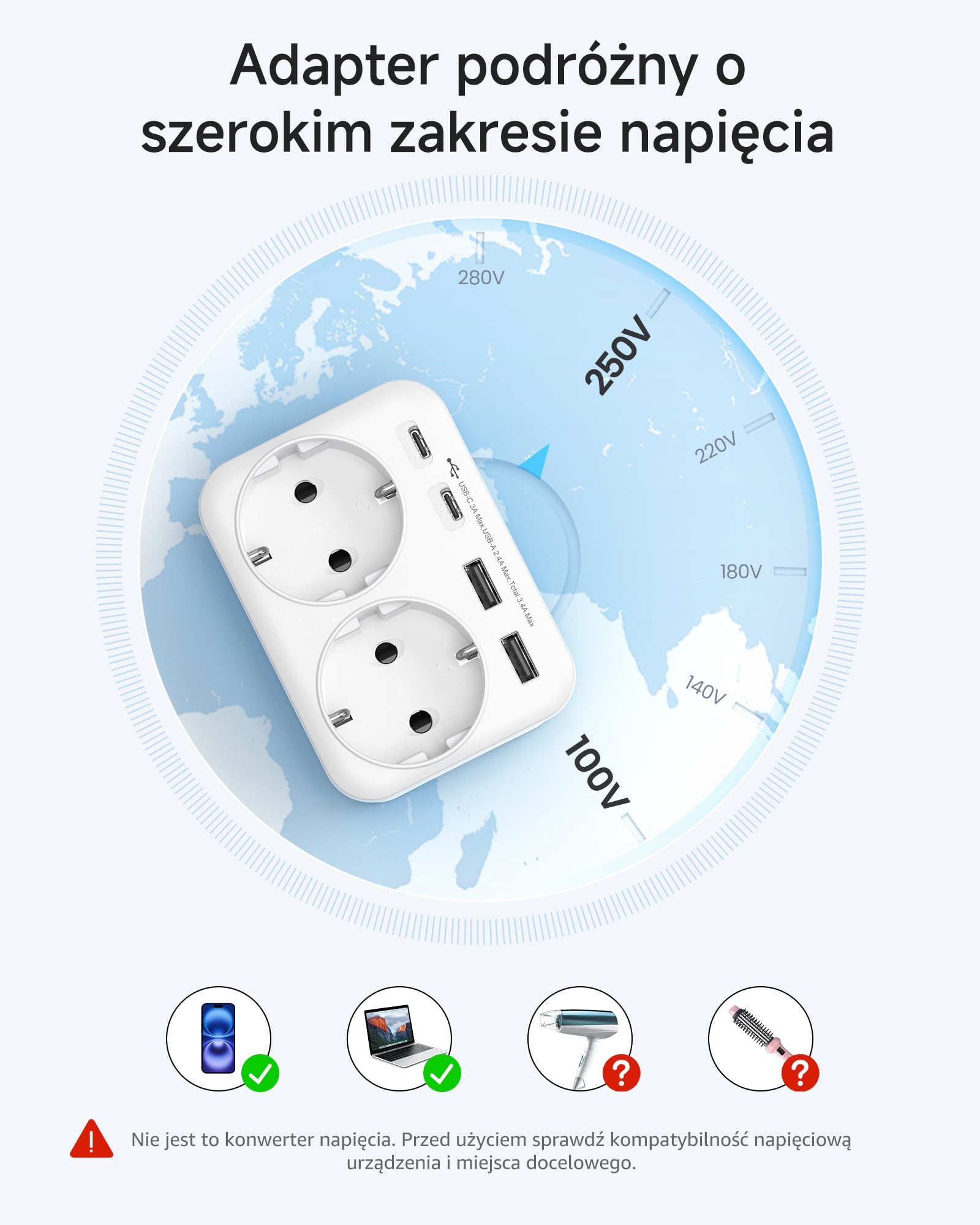 LENCENT Adapter Anglia Niemcy Wtyczka,6-w-1 Typu-G Adapter Podróżny Wtyczka | z 2 USB-A, 2 Typ C i 2 AC-Wtyczki, UE do UK Szkocji, Irlandii, Walii, Malediwów, Wielkiej Brytanii ładowarka ścienna, Biały