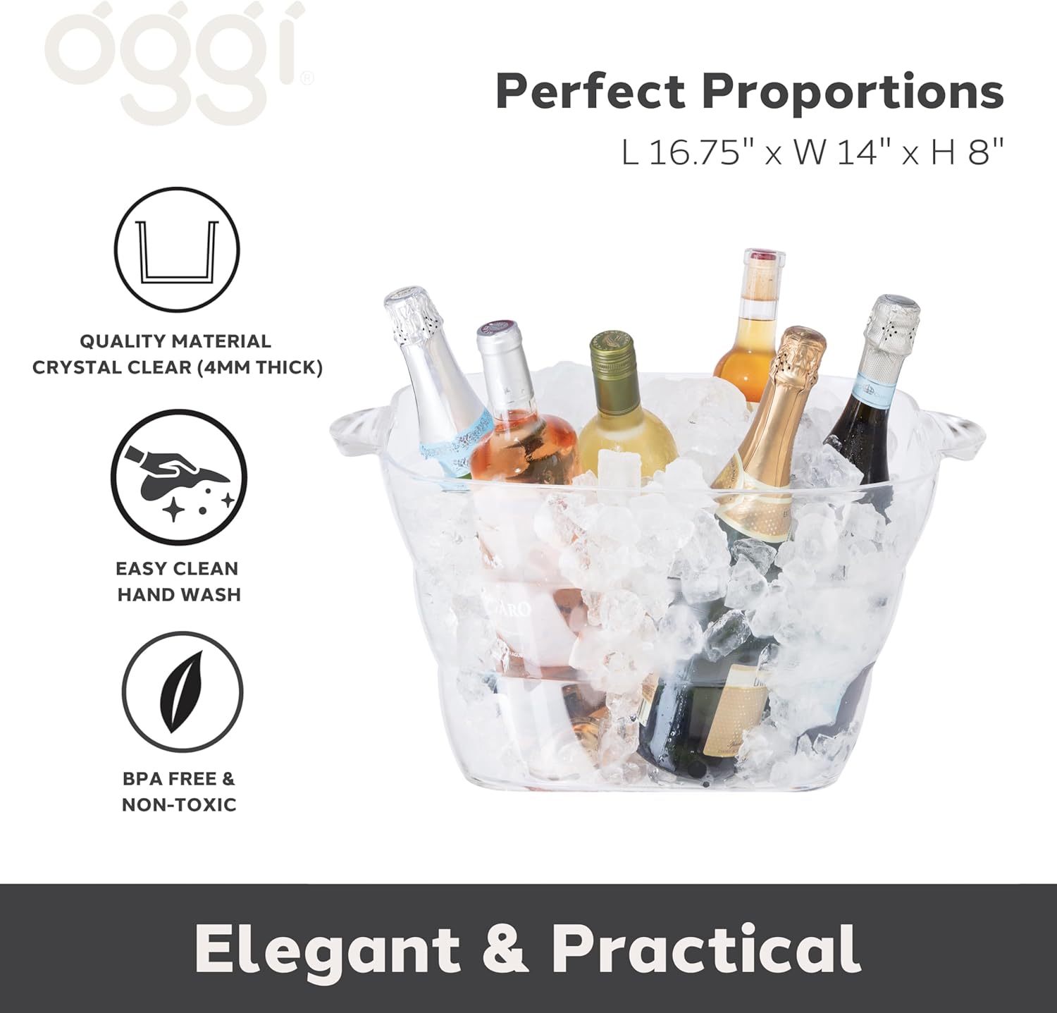 oggi acrylic square party tub - clear beverage cooler w/handles, wine cooler, beer chiller, ideal party tubs for drinks, use ice tub for indoor or outdoor bars, 16.75" x 14"