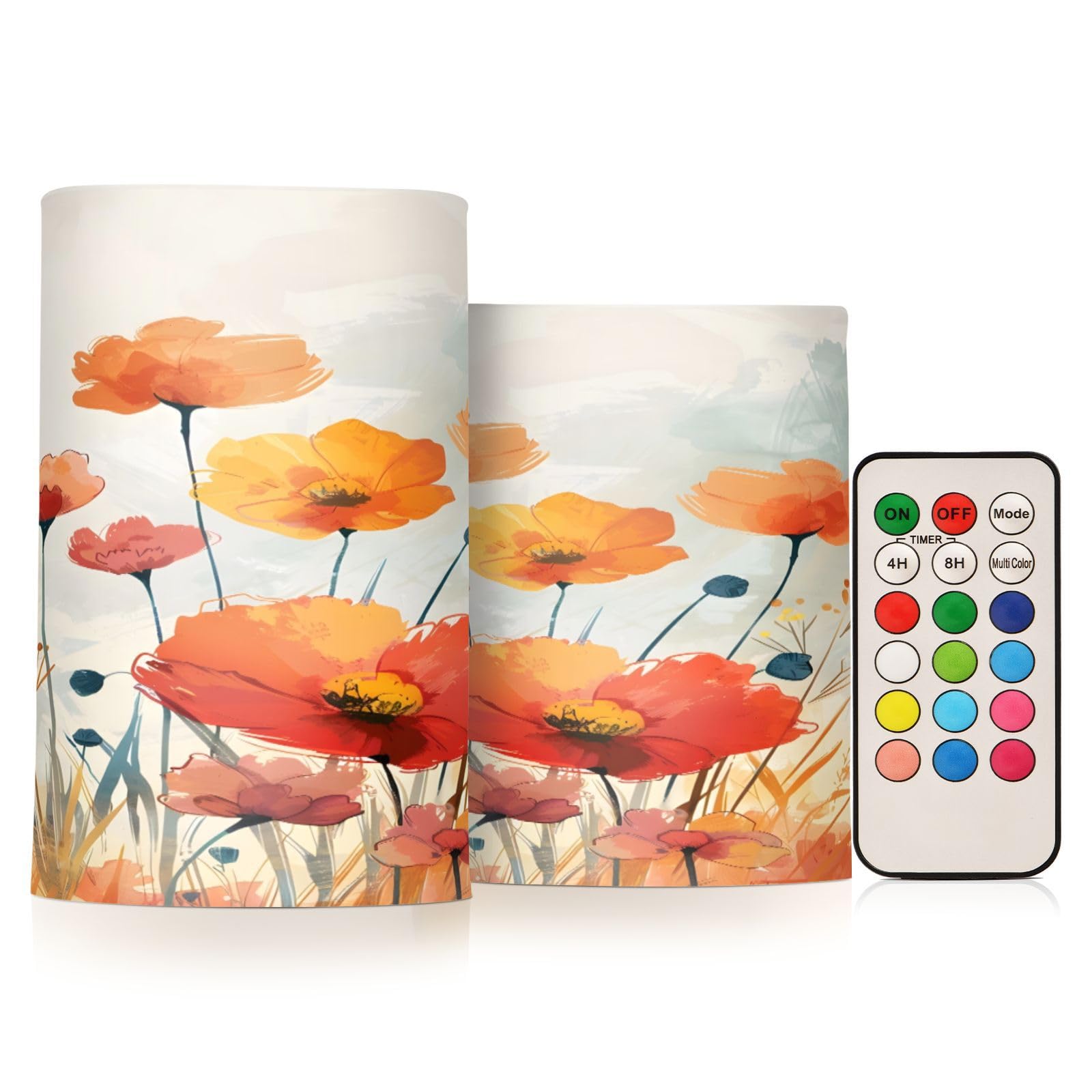 Mnsruu Flickering Flameless Candles Poppy Design LED Candles with Remote Timer Set of 2 Battery Operated Candle Home Decoration