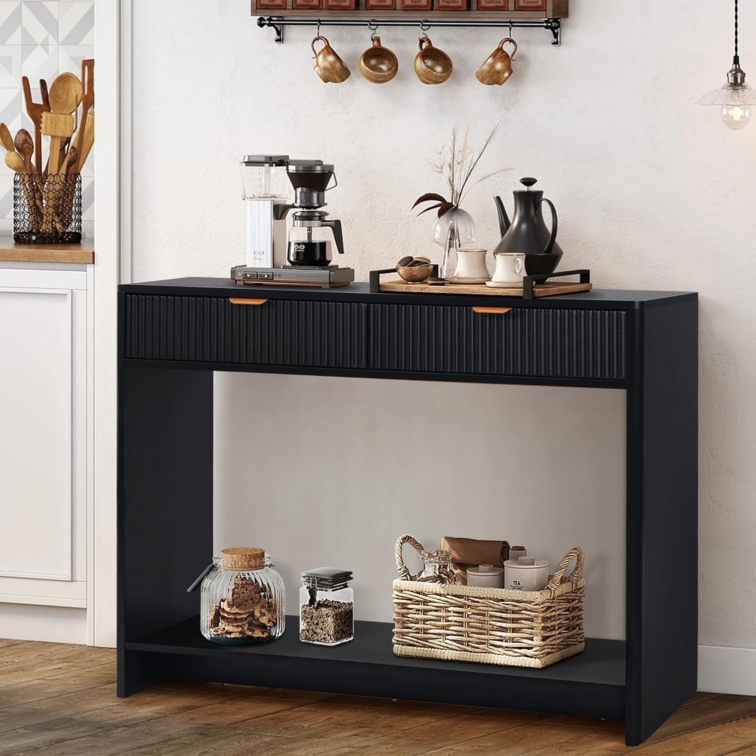 Moderner Flurschrank mit 2 Stauraumeinheiten und Einer hohlen Aufbewahrungsbank | 110 cm breiter Flurschrank, Eingangstisch mit Stauraum, Eingangsdekor (Schwarz)