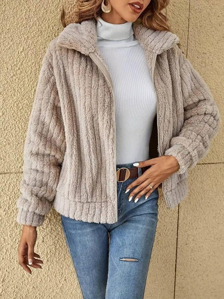 Mujer Abrigo Cálido de Forro Polar Chaqueta Manga Larga Elegante Abrigos Corta de Piel Sintética Invierno