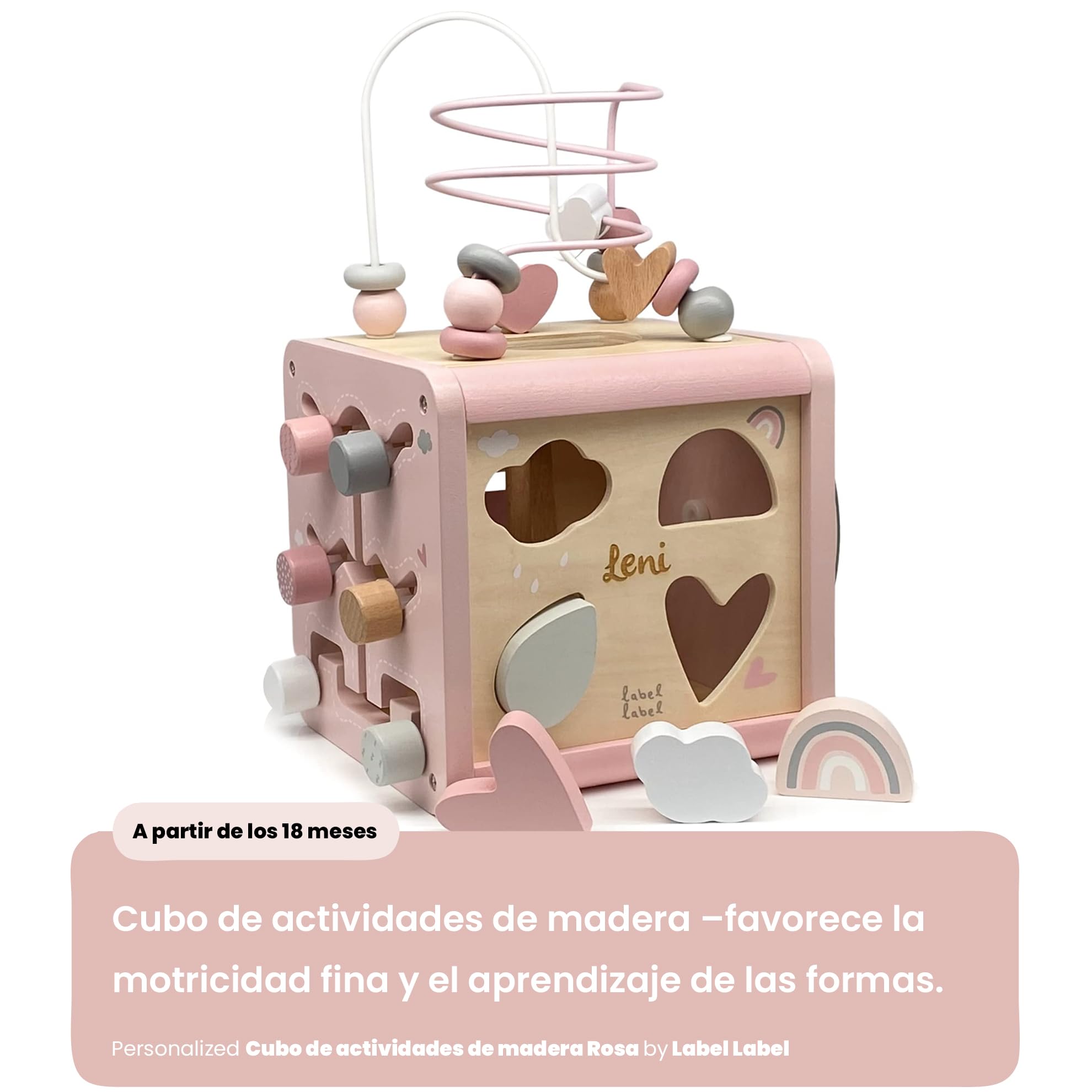 Personalizable Cubo de Actividades de Madera Rosa – motricidad Fina & Aprendizaje de Formas – para niños a Partir de 36 Meses – Personalizado con Nombre – Label Label