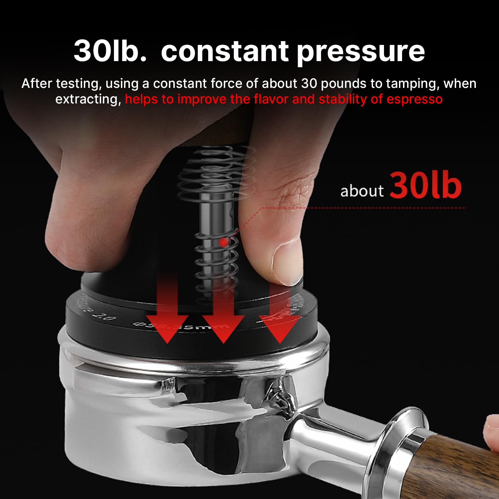 Tamper de café de base plana MHW de acero inoxidable 304, Tamper con resorte calibrado de presión constante de 30 libras, Tamper de espresso con retroalimentación de (53mm)
