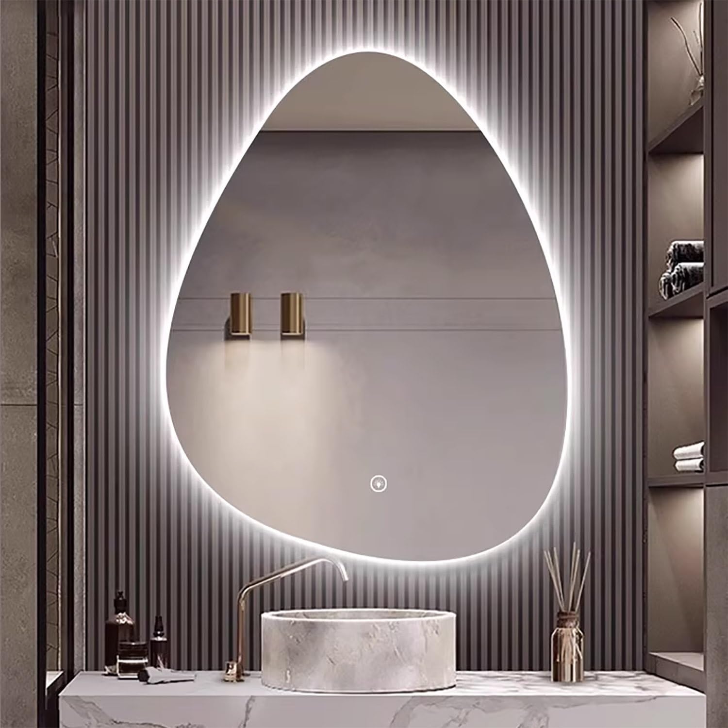 WJFTODAY 40" Asymmetrical LED Bathroom Mirror - Large Oval Backlit Makeup Mirror, Tri-Color Dimmable, Touch Control, Anti-Fog, Stylish Wall-Mounted Home Accessory