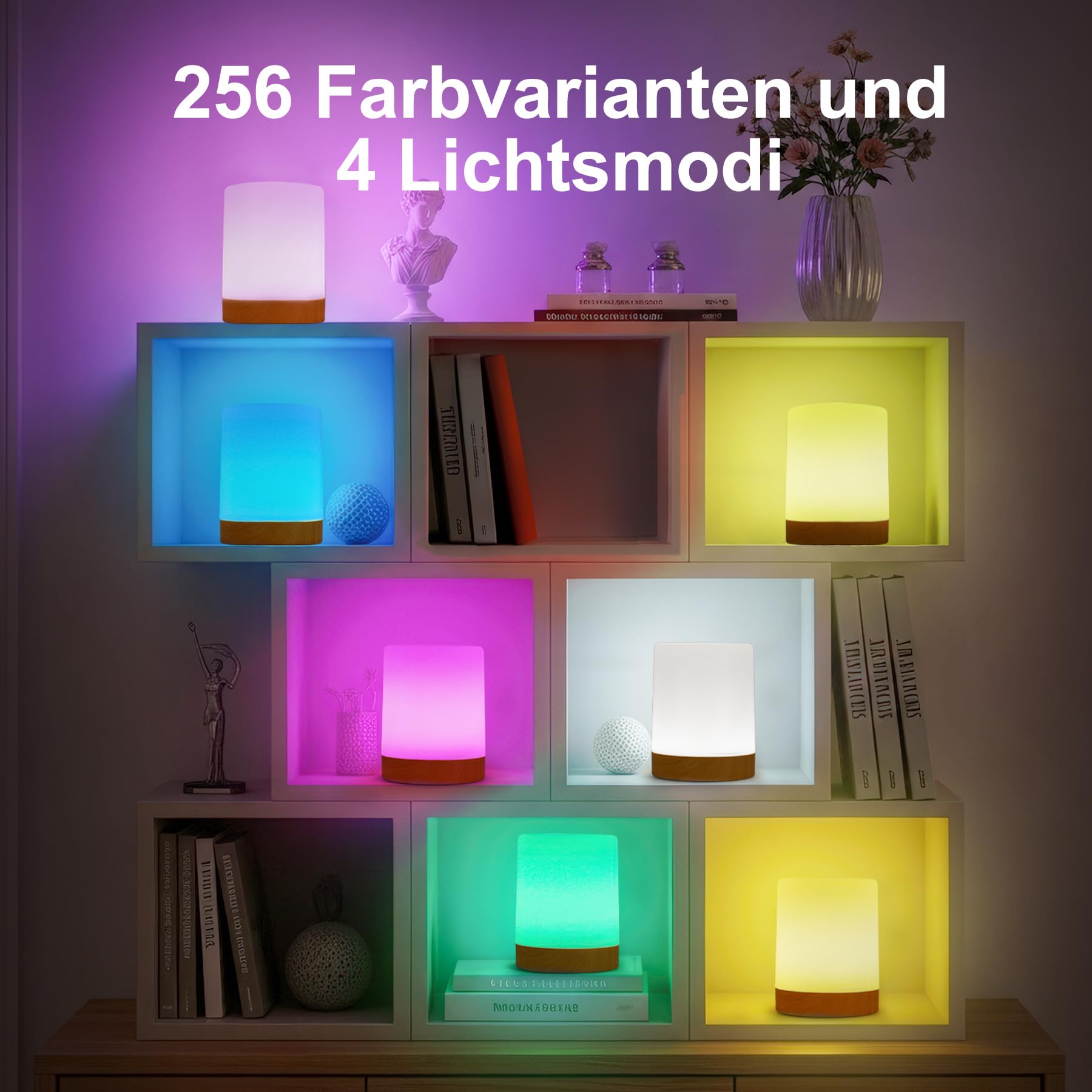 LED Nachttischlampe Touch Dimmbar 2er Set, Tischlampe Kabellos Batterie mit Timing und Memory Funktion, Stilllicht Kinder Nachtlicht Dimmbar mit 256 RGB Farben für deko Wohnzimmer Schlafzimmer