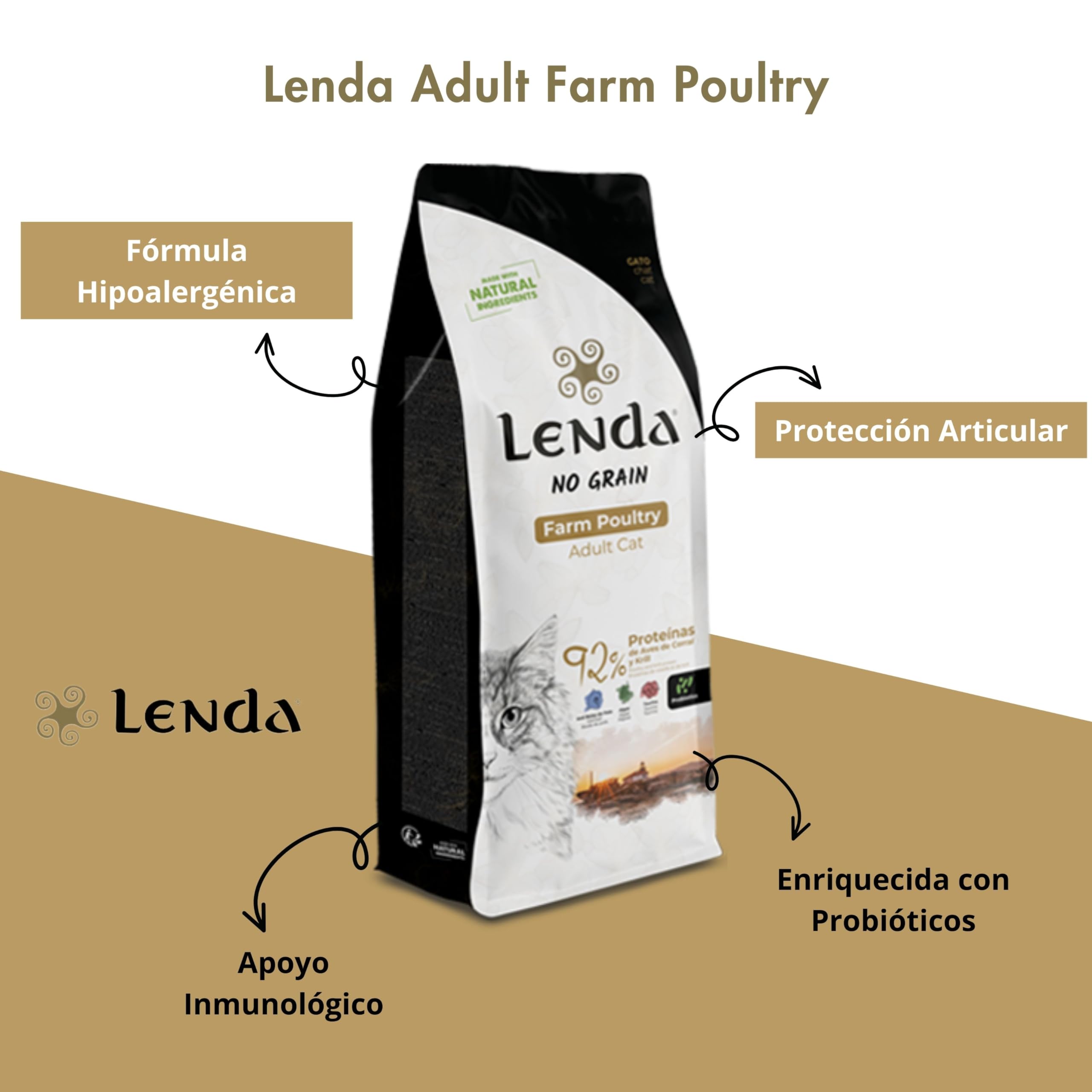 Lenda Gato Adult Farm Poultry 7Kg - Pienso SIN Cereales para Gatos Adultos | Comida Natural con Botánicos y Probióticos | Hipoalergénico