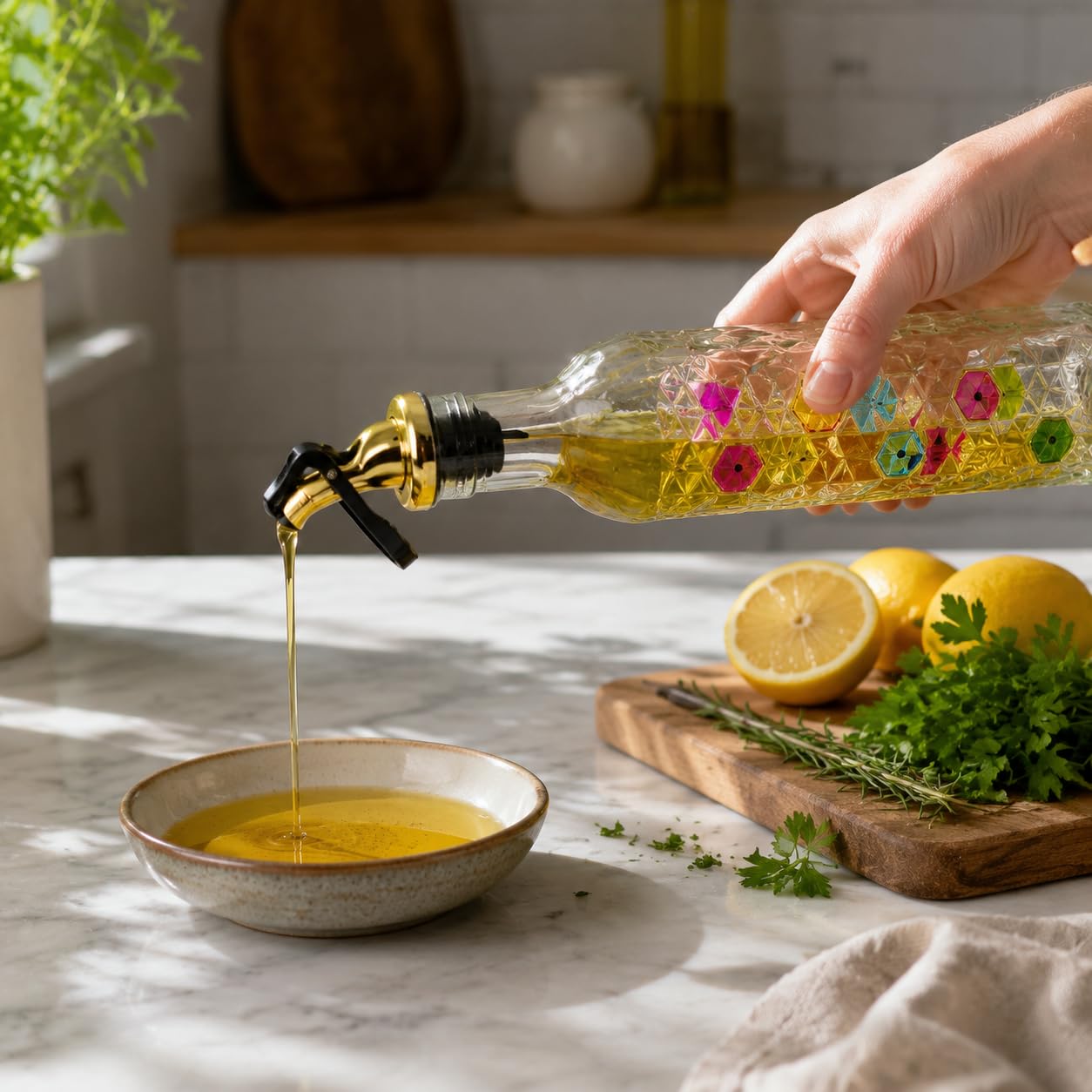 Ölspender Küche, Ölflasche aus, 500ML Goldrand + Sterne