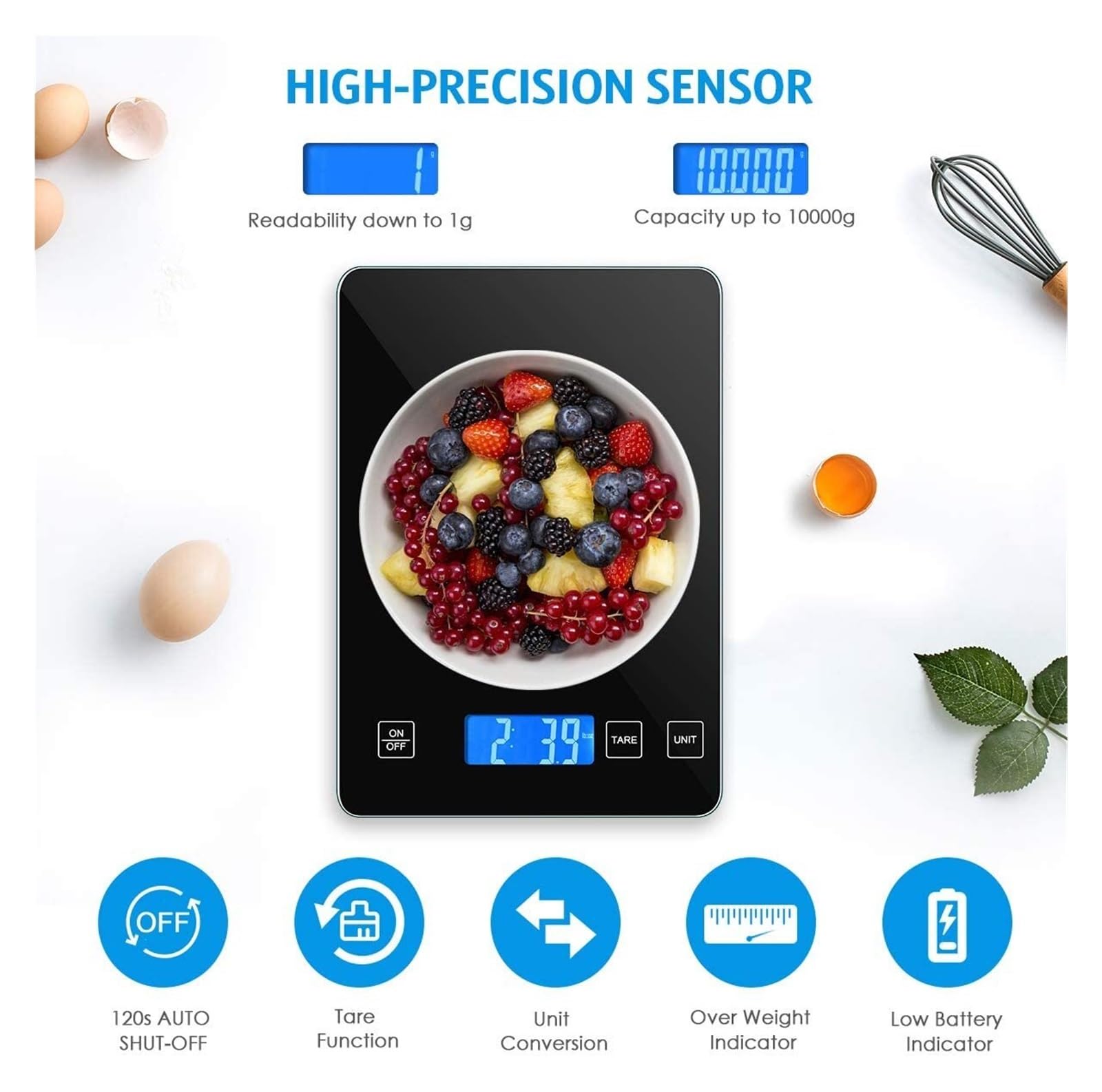 Báscula De Cocina Digital 1g-10kg Alimentos Plataforma Vidrio Templado A Prueba Agua Multifunción Alta Precisión Medición Precisa Esfuerzo(White)