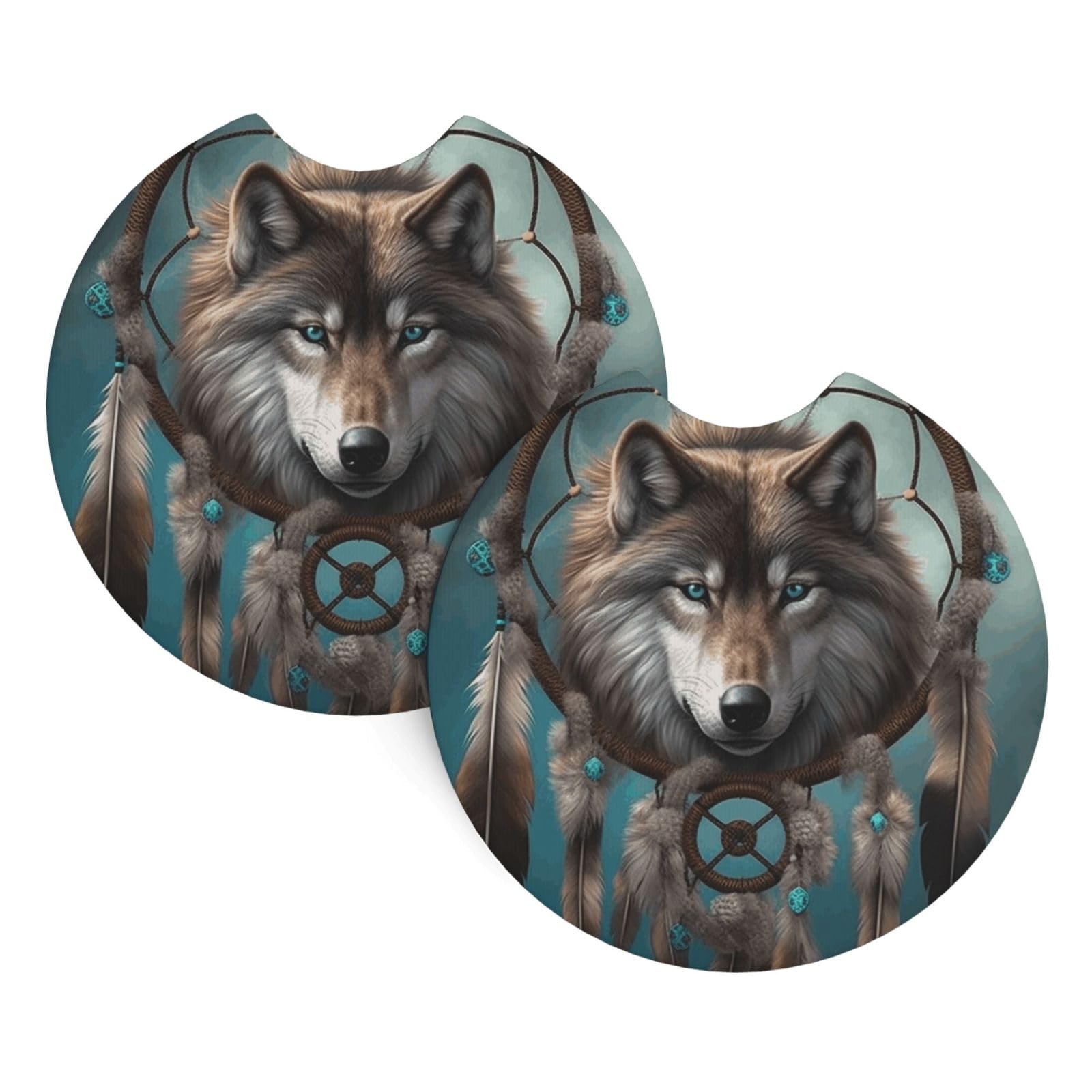 2 Pack Car Coaster for Cup Holders 3D Wolf Dream Catcher Car Cup Coaster 2.7" Neoprene Non-Slip Automotive Cup Mat Universal Auto Car Interior Accessories for Women Men Cup Pad