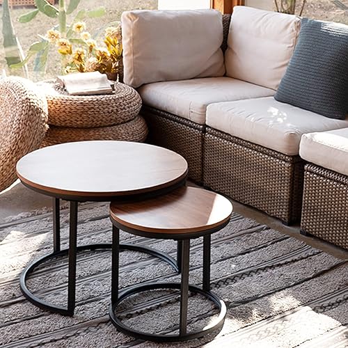 Miniatura 4 de Garden 4 you Mesa auxiliar anidable, color marrón rústico, 2 juegos para lugares pequeños, sofá de madera de ingeniería, mesa auxiliar para sala de