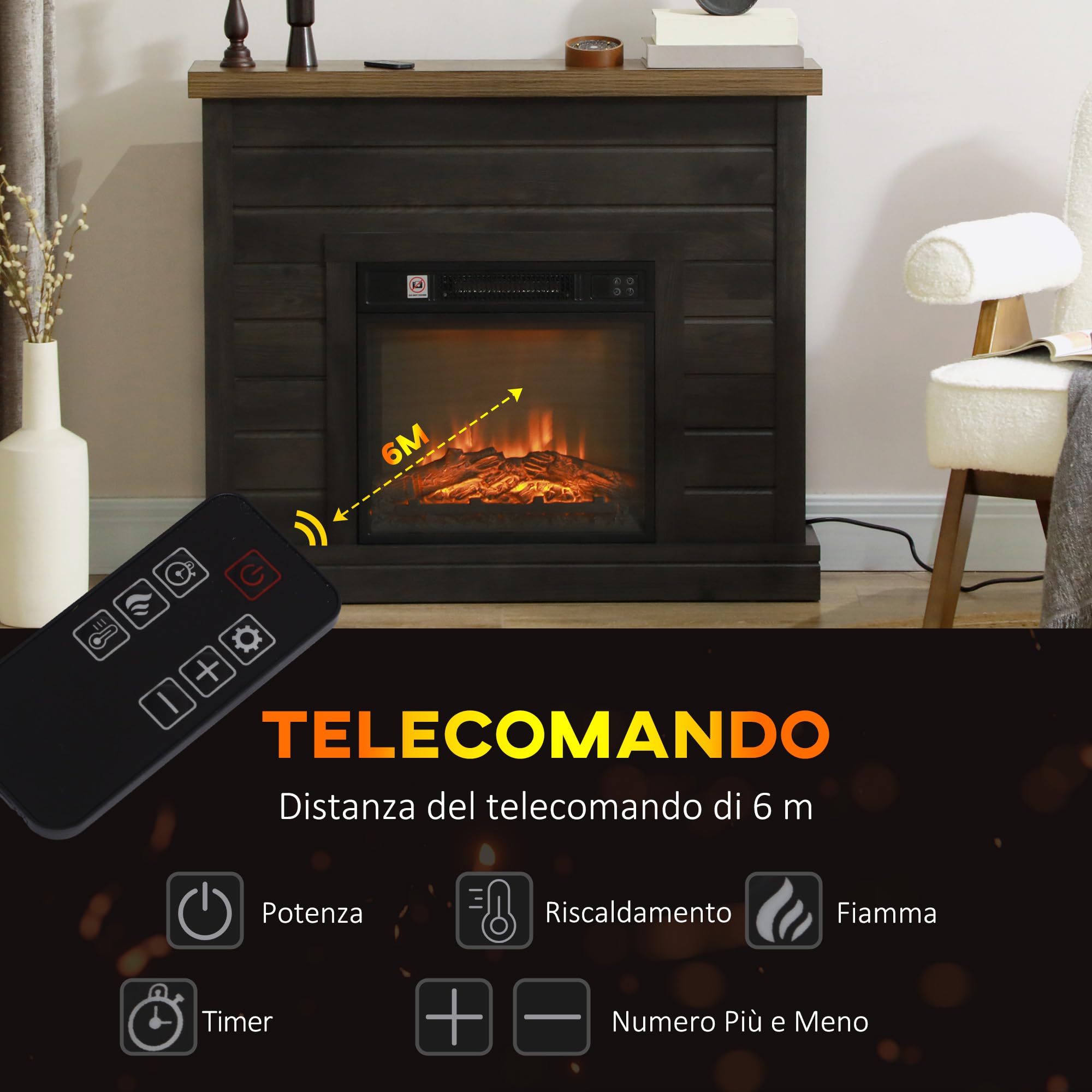Camino Elettrico TRESKO Con Effetto Fiamma LED - Riscaldamento 1800W, Telecomando E App WiFi, Termostato, Timer