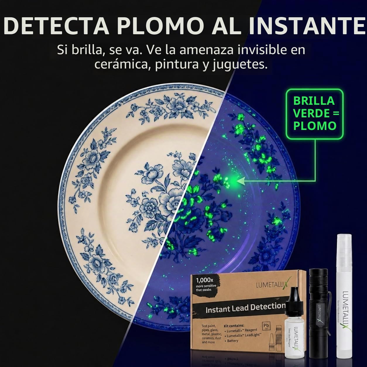 Lumetallix: Kit Instantáneo de Test de Plomo para Platos, Pintura, Cerámica, Vidrio, Juguetes | Rápido, Fácil y Seguro de Usar, Detección Fiable de Plomo | El Test del Plomo que Brilla