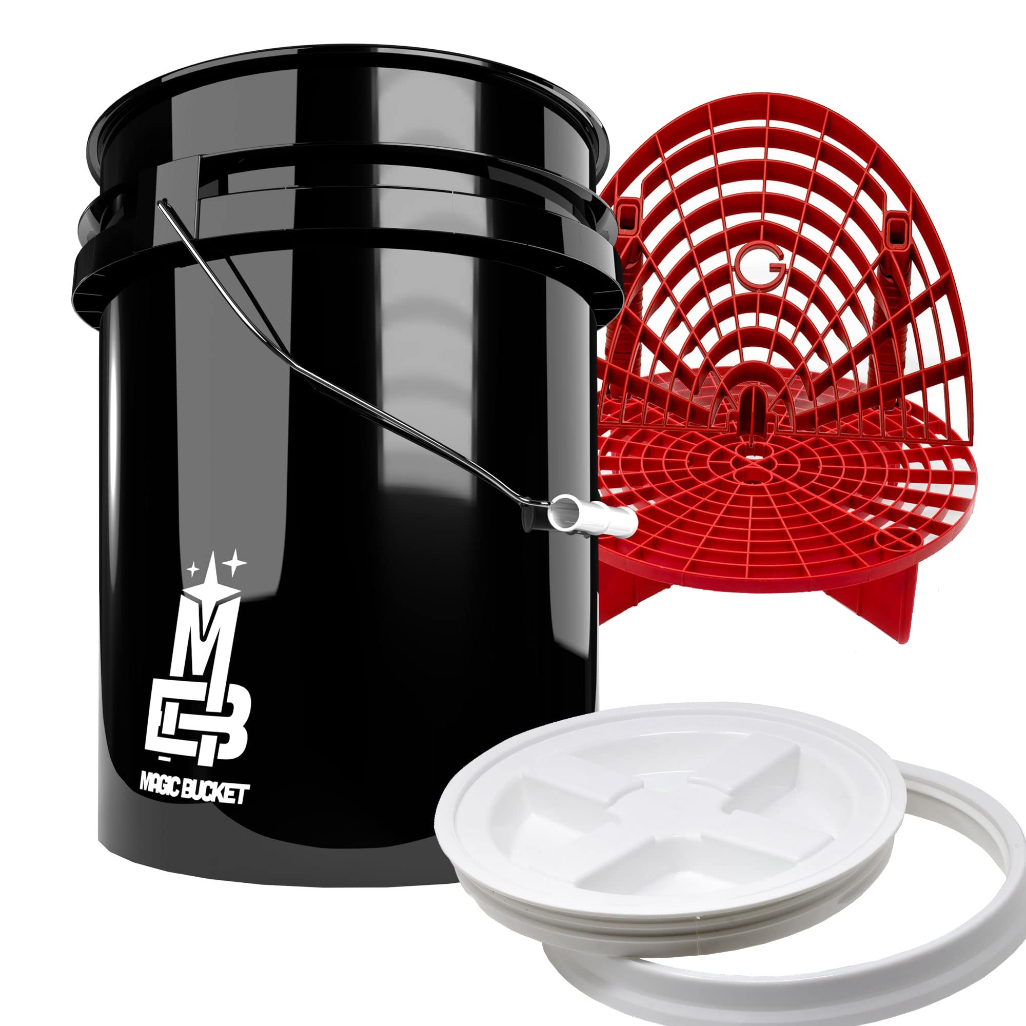 Detailmate professionelles Wasch Eimer Set: Magic Bucket Wascheimer 5 GAL (ca. 20 Liter), Gamma Seal Eimerdeckel weiß, GritGuard Schmutz Einsatz rot, GritGuard Washboard rot