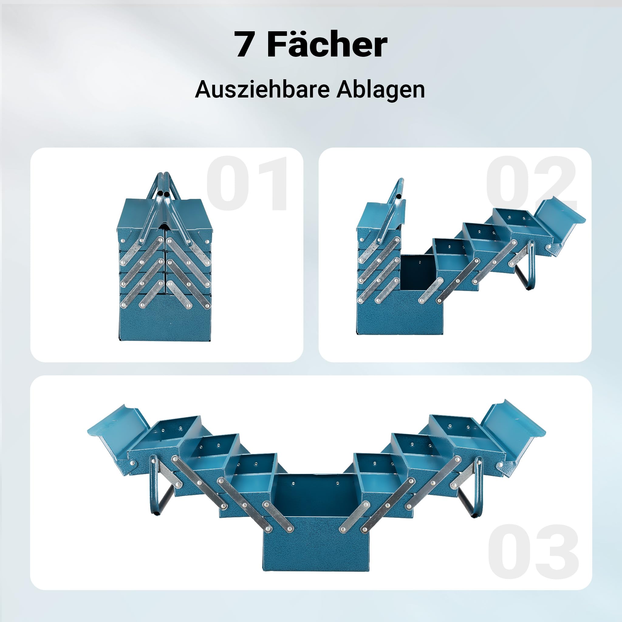 Wiltec Werkzeugkiste 530x200x250mm aus Stahl mit 7 Fächern, beständiger Werkzeugkasten mit Handgriff, Werkzeugbox