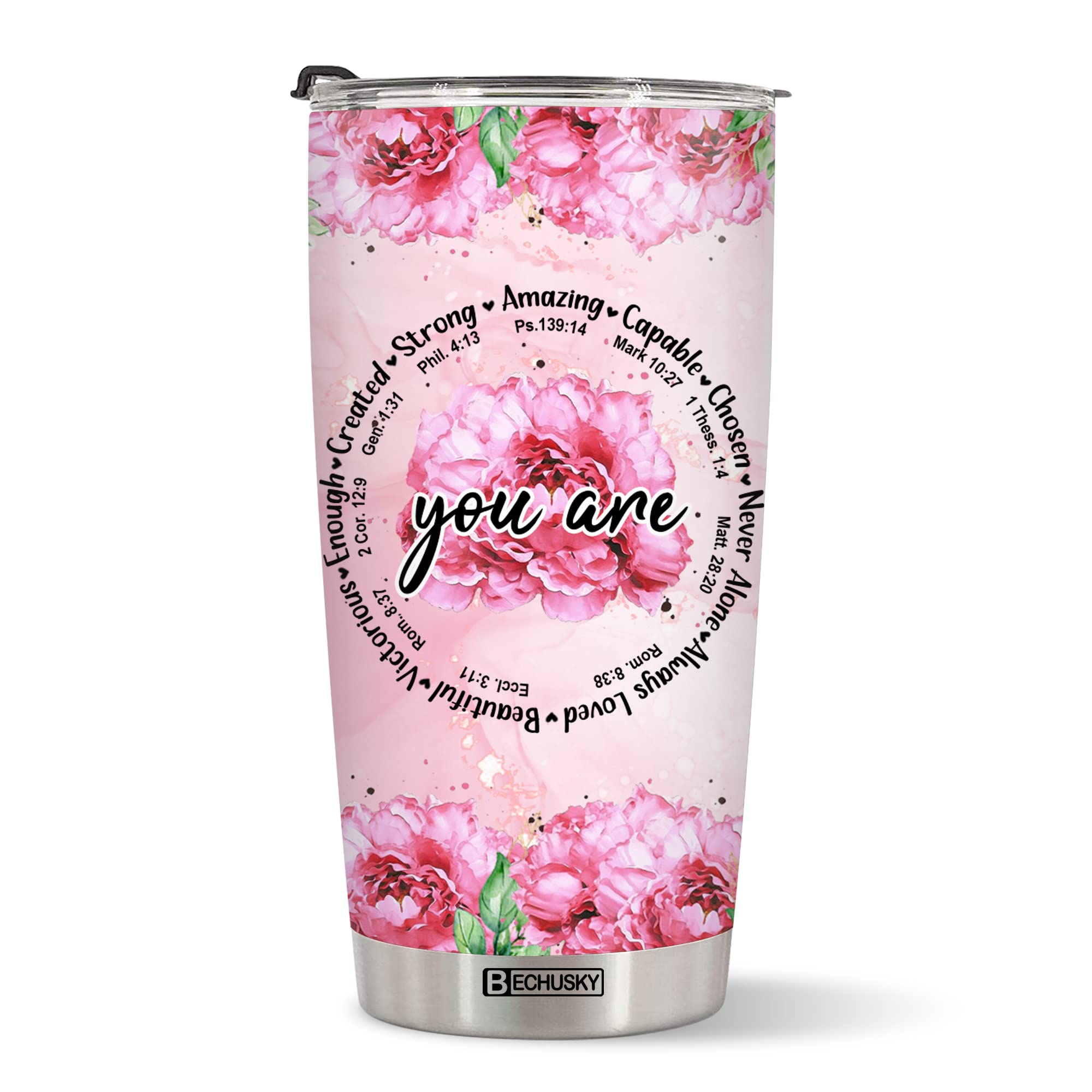 BECHUSKY Christian Tumbler Bible Verse Floral Gifts For Women Faith Inspirational Religious Girl Mom On Birthday Easter Christmas, #002-Christian Floral Pink, 2OZ