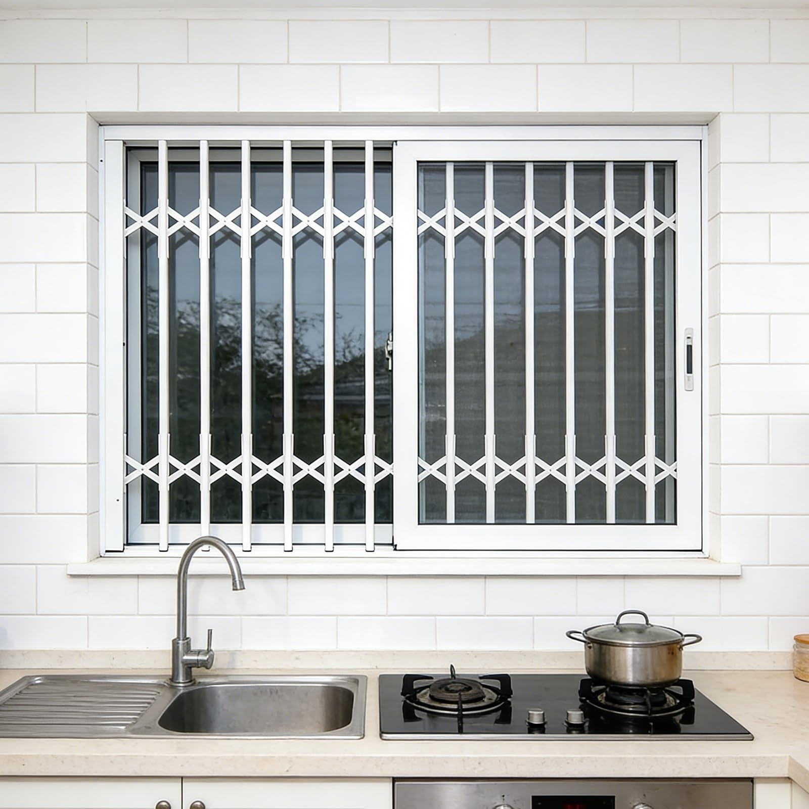Household Folding Window Grilles with Adjustable Locking Bar White 110x100CM/43.3x39.4IN Easy to Install, Made of Aluminum Alloy, Folding Design, Suitable for Homes, Patio Doors, and Apartments.