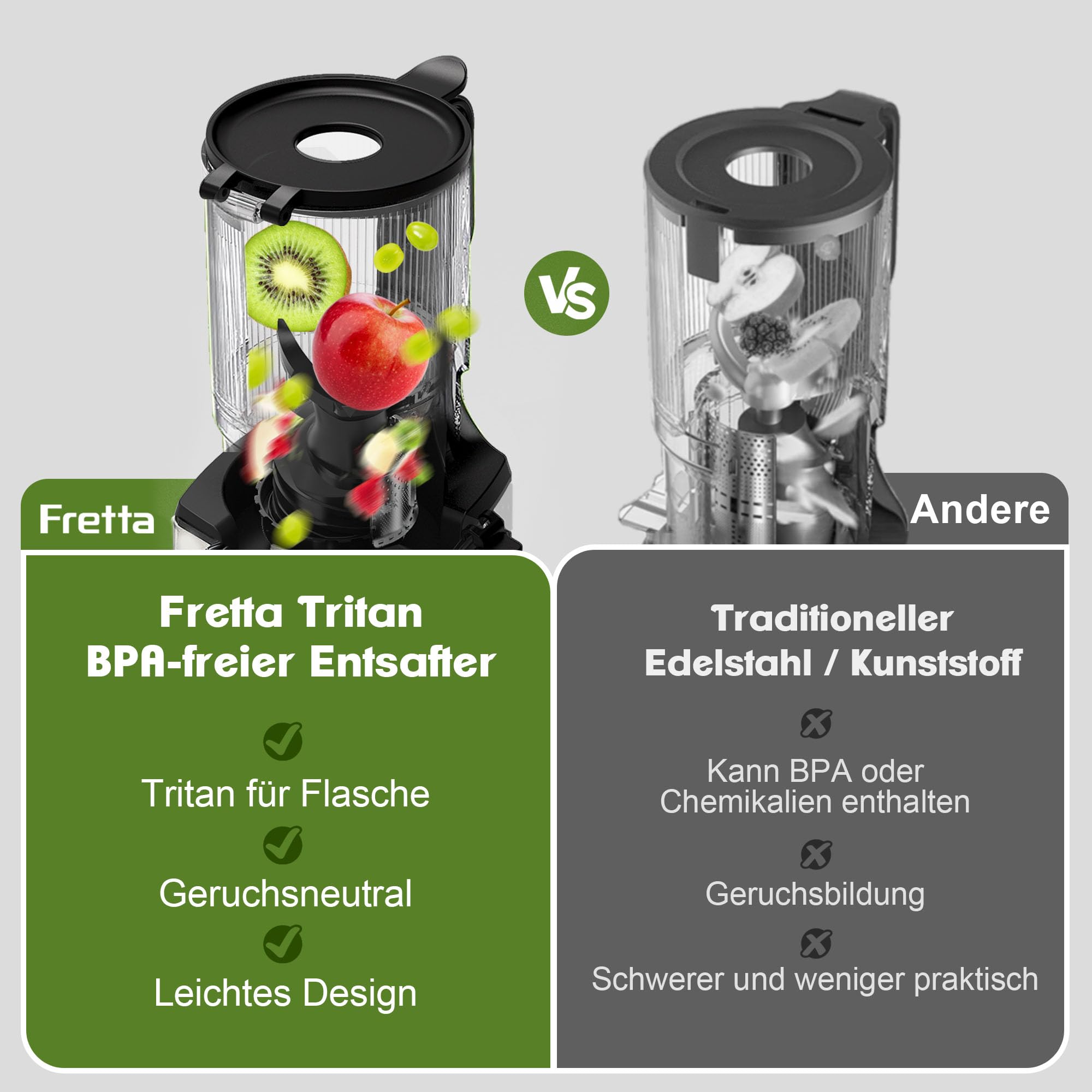Fretta Entsafter Slow Juicer Edelstahl Entsafter Gemüse und Obst Testsieger | 135MM Öffnung & 1,8L Juicer Machine mit Umkehrfunktion, Einfache Installation, Leicht zu Reinigen, 100% BPA Frei, 250W