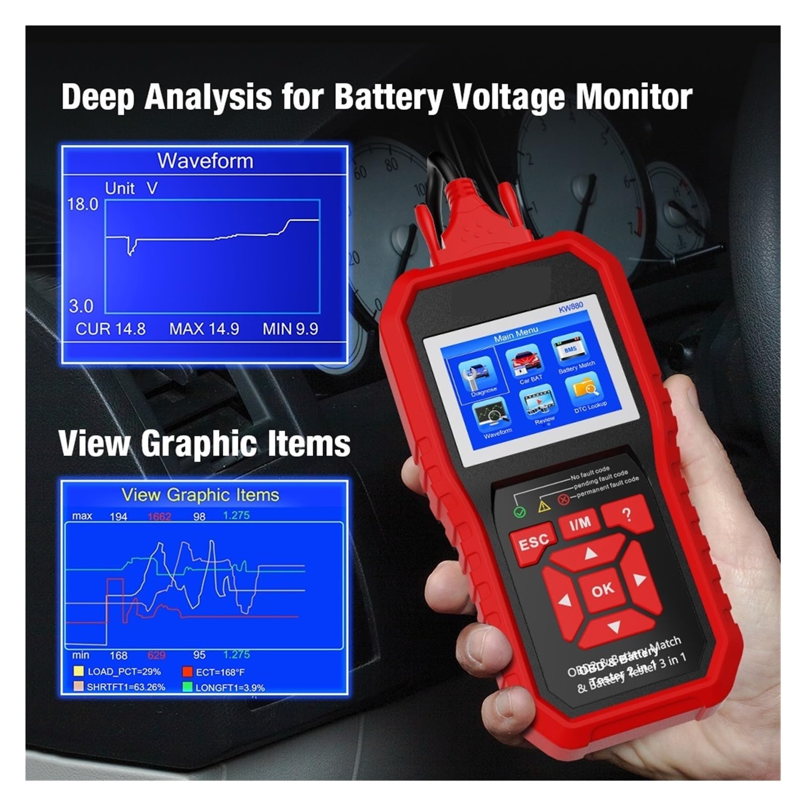 Tester baterii, KW880 Tester akumulatora samochodowego Analizator samochodowy Narzędzie diagnostyczne Dopasowanie Skaner