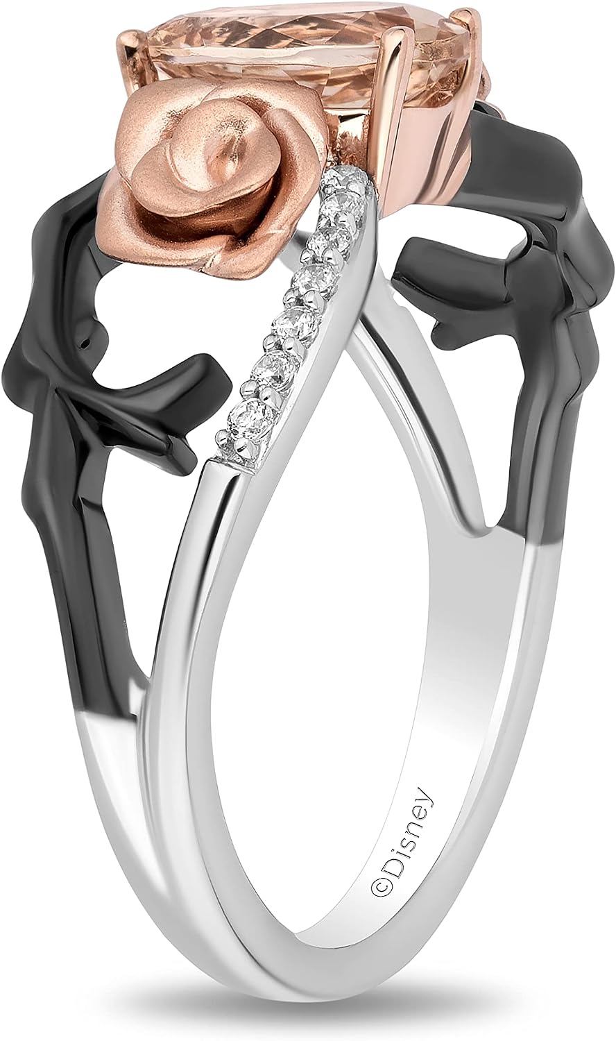 Jewelili Enchanted Disney Fine Jewelry Black Rhodium over Sterling Silver and 10K Rose Gold with 1/10 CTTW Diamond and Morganite Aurora Ring