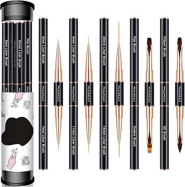 Nail Art Brush Set Professional- 5pcs Double-Ended Nail Art Brushes for Long Lines, Thin Liner brush for Nails Detail, Nail Design Brush Ombre Brush 3D Brush Kits for Gel Polish Acrylic Nail Drawing