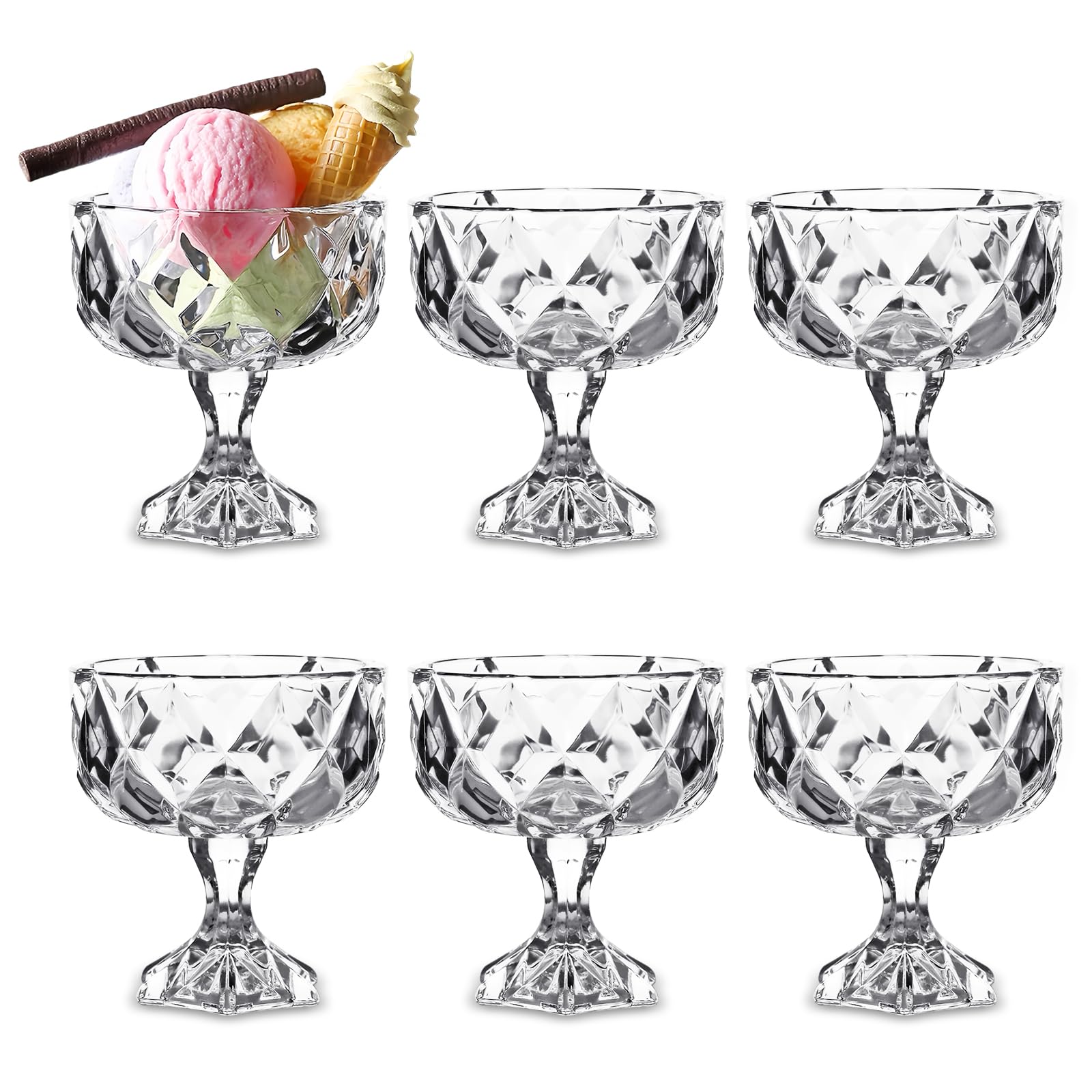 Hioph Set of 6 Stemmed Glass Bowls for Prawn Cocktail Appetizers, Trifle, Sundae, Fruit, Ice Cream, Pudding, Small Snacks