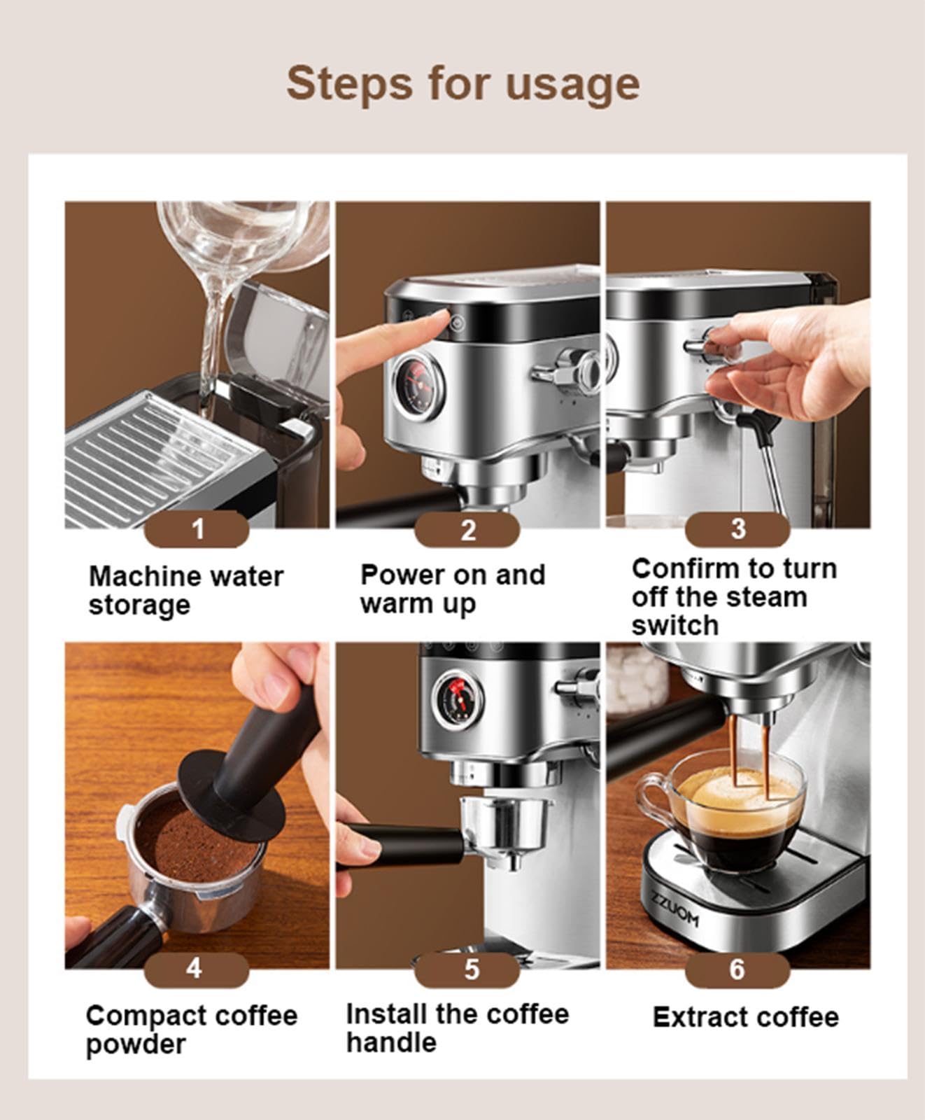 Cafetera Espresso Profesional de 20 Bares, Cafetera Espresso de Acero Inoxidable con Varilla de Vapor Espumador de Leche y Manómetro, Cafetera Compacta