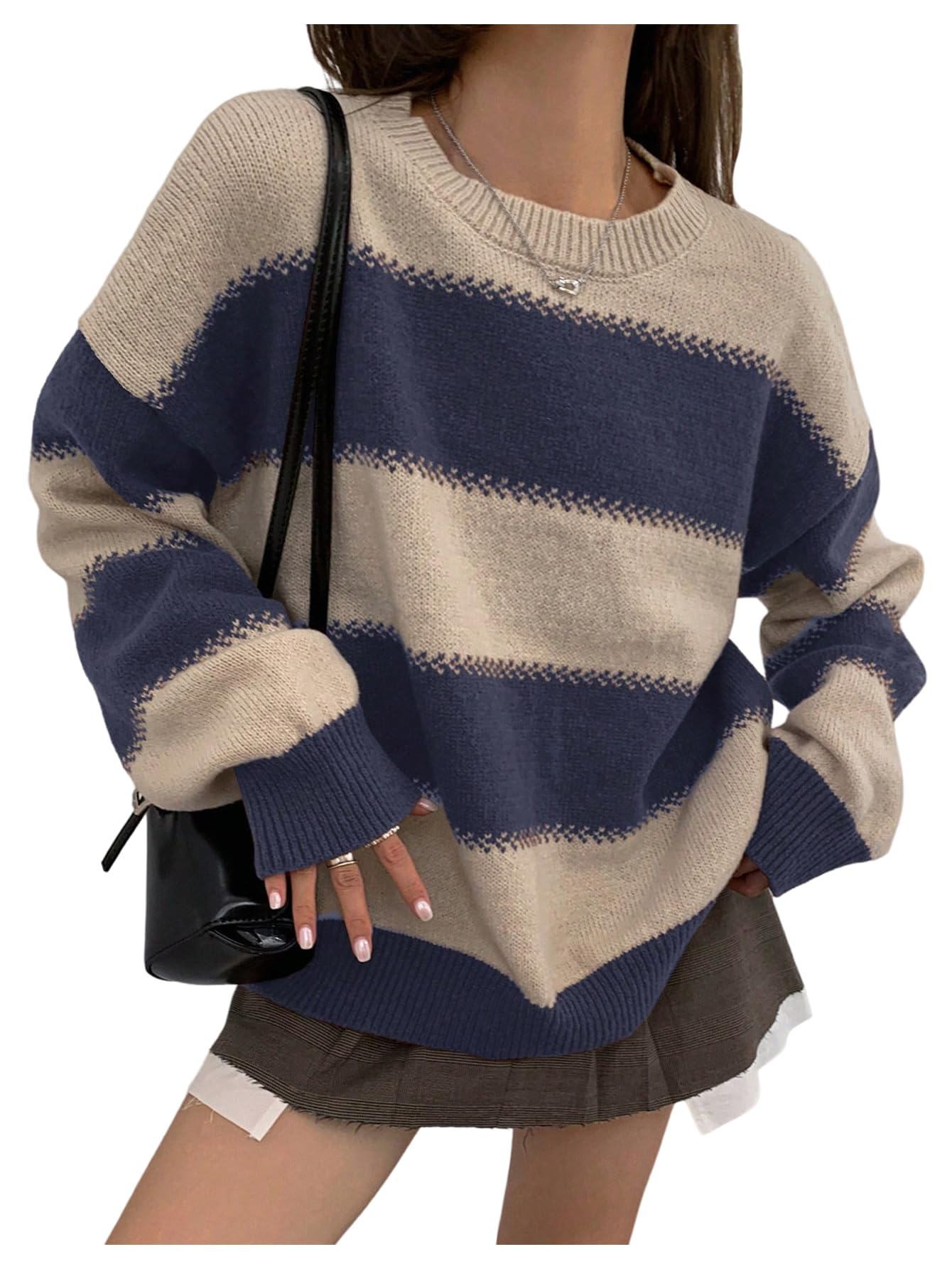 SweatyRocks Womens Striped Sweater Vintage Color Block Chunky Cozy Sweaters Winter Clothing