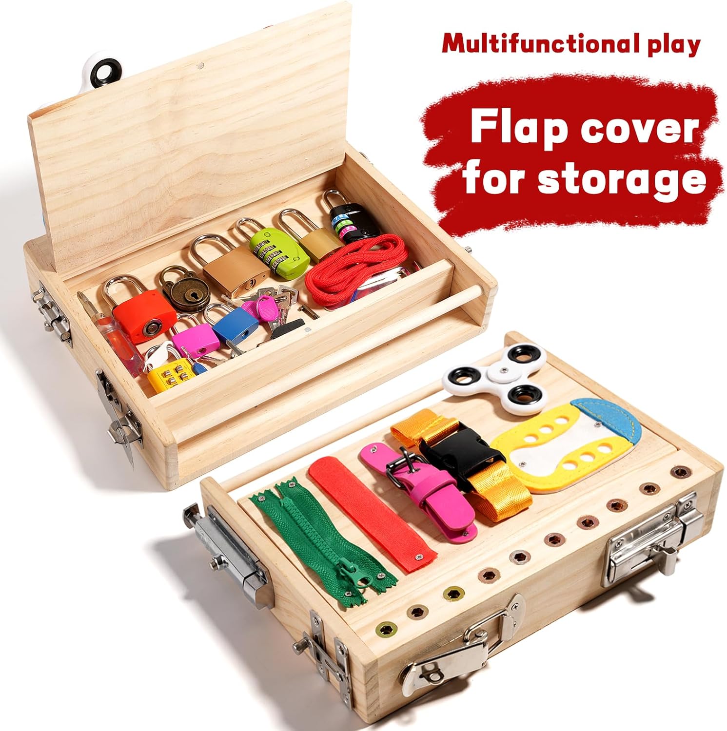 Montessori Wooden Busy Board - Fine Motor Skills Toys for 2-5 Year Old Boys Girls, Preschool STEM Life Skills Game, Latches Lock Key Sensory Toy, Screwdriver Board Set, Educational Gift