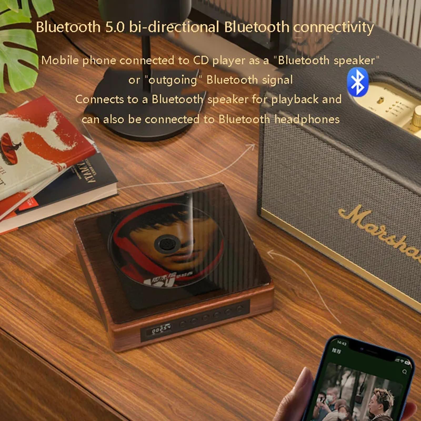 Lettore CD Portatile con Altoparlanti, Lettore CD Bluetooth 5.0 bidirezionale Domestico con Audio Stereo Hi-Fi, Telecomando, Supporta AUX/USB, Jack per Cuffie