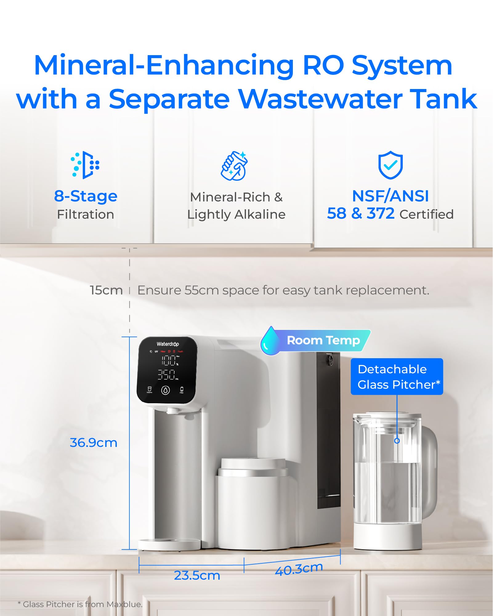 Waterdrop M6SL Mineralisiertes Auftisch Osmoseanlage, Raumtemperatur | Glaskaraffe, 8-Stufen-Filtration, 3:1 Rein- zu Abwasser, NSF/ANSI 58 & 372 Zertifiziert, BPA-frei