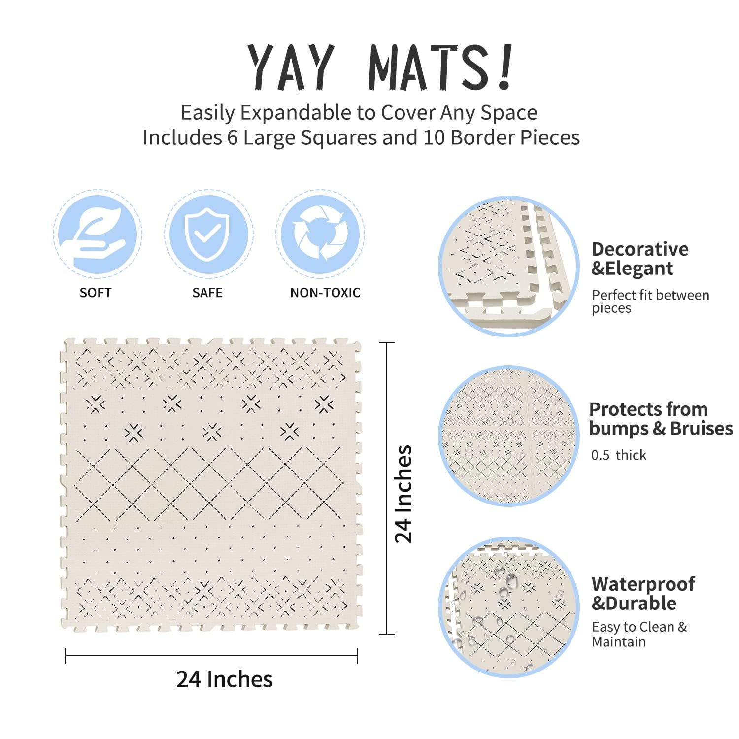 Yay Mats Stylish Extra Large Puzzle Play Mat, Thick, Soft, Non - Toxic Foam Covers 6 ft x 4 ft. Expandable Tiles with Edges - EVA Foam Play Mat for Floor (Carter Mudcloth Tan) — Amazon image 5