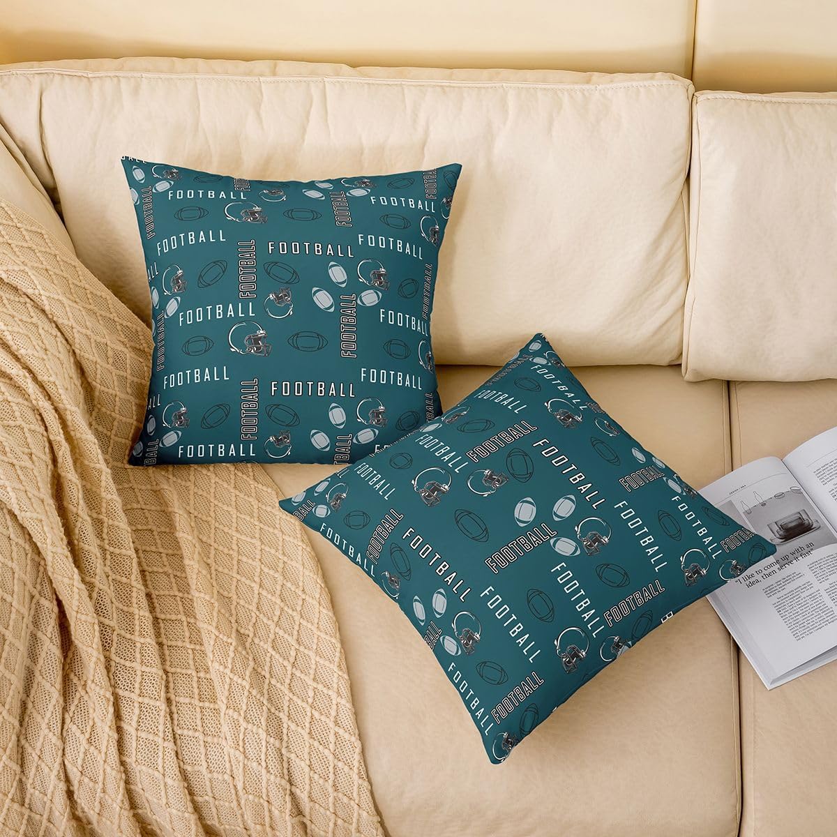 jejeloiu Football Throw Pillow Covers Set of 2 24 x 24-Inch Kids Rugby Sports Cushion Case for Boys Girls Teens Football City Decor Pillowcase Green Gray Room Decor