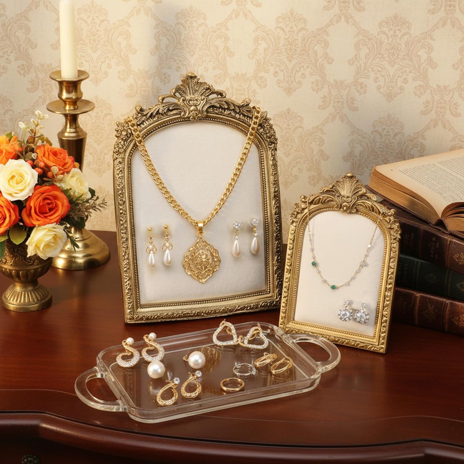 2 Pcs Gold Resin Jewelry Display Stand with Velvet Backing, Vintage Necklace Organizer Ring Holder Earring Holder Jewelry Photography Props Frame for Women Wedding Gifts
