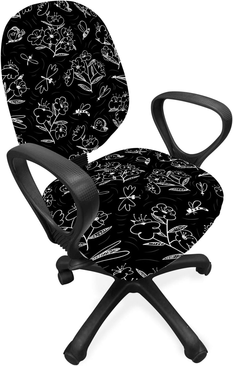 Ambesonne Botanical Office Chair Slipcover, Scribbled Hand Drawn Garden Elements Butterflies Insects and Flowers, Protective Stretch Decorative Fabric Cover, Standard Size, Grey Charcoal