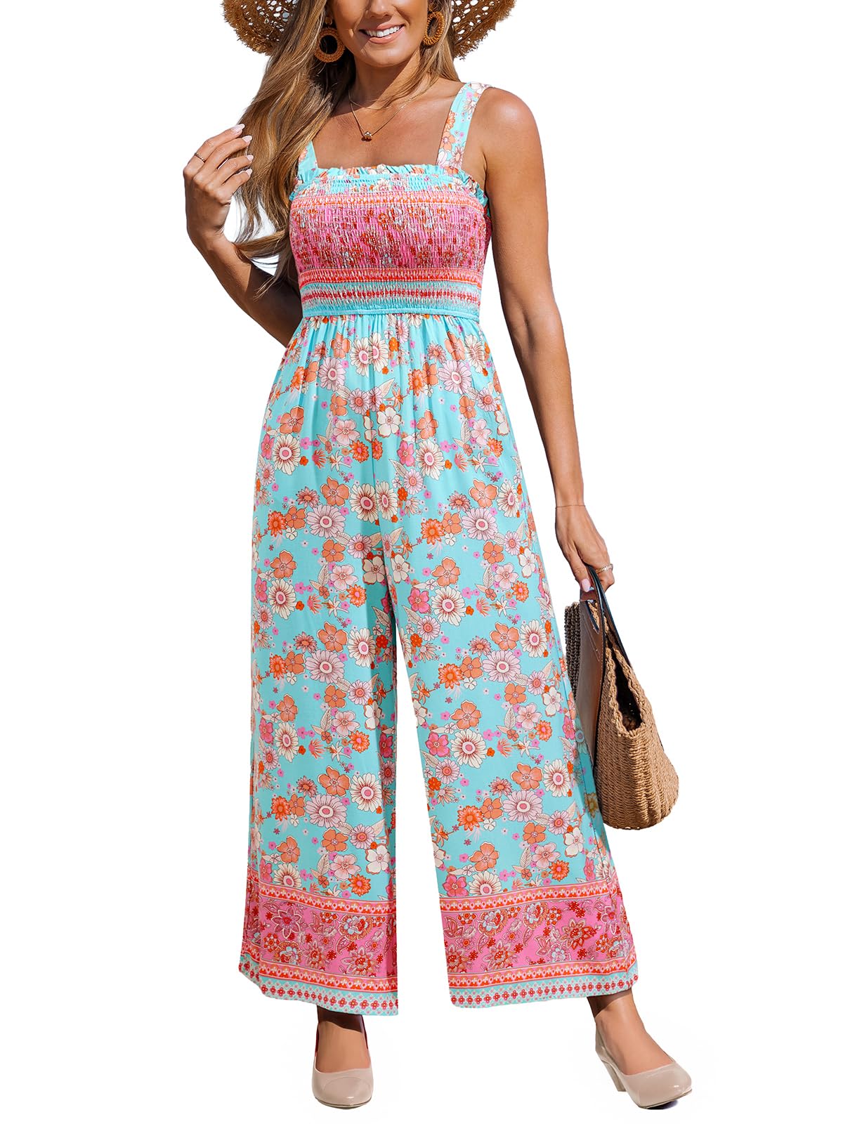 CUPSHE Damen Boho Jumpsuit Blumenmuster Gesmokt Weites Bein Träger Overall