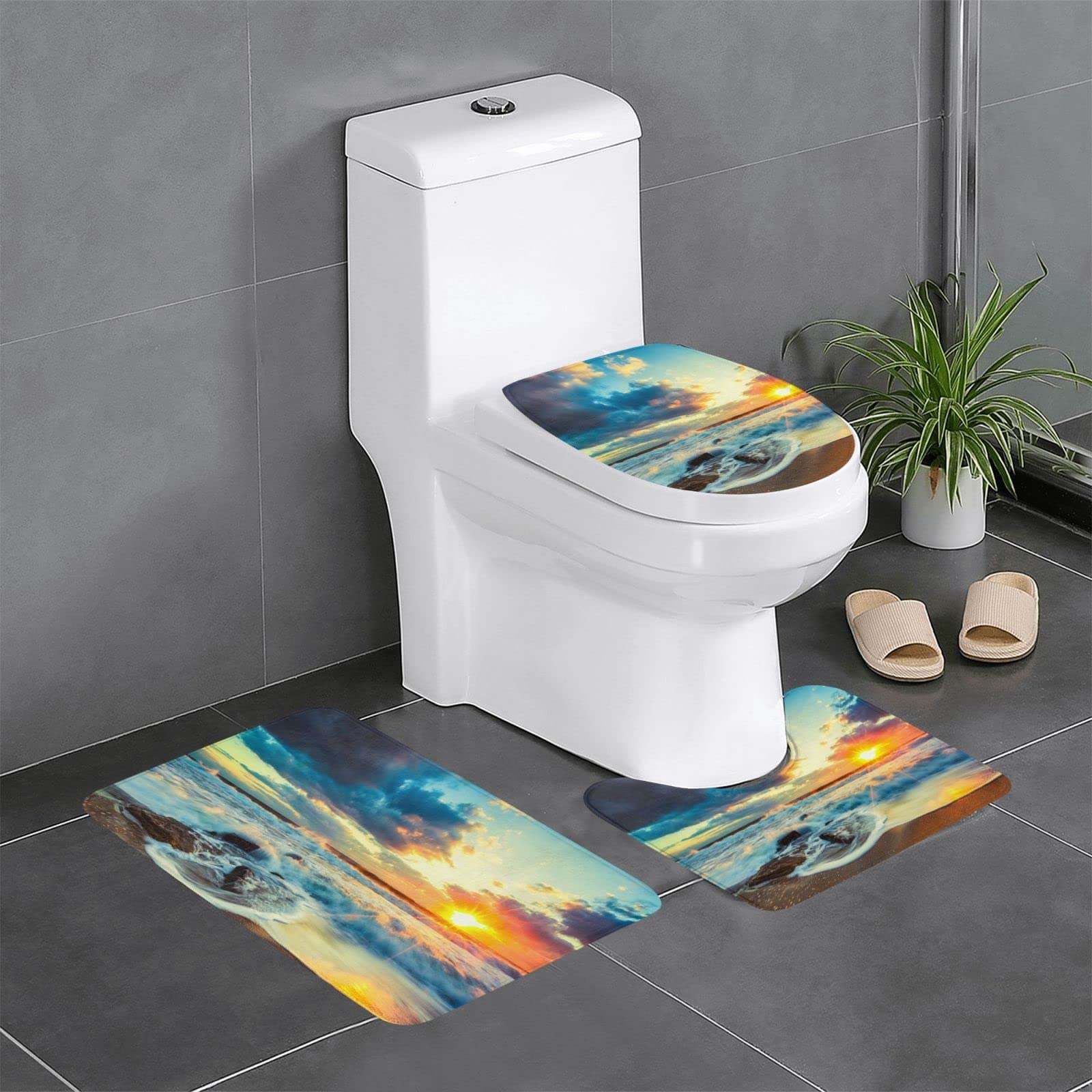 Tapis de salle de bain confort lot de 3 finition soignée décor de plage