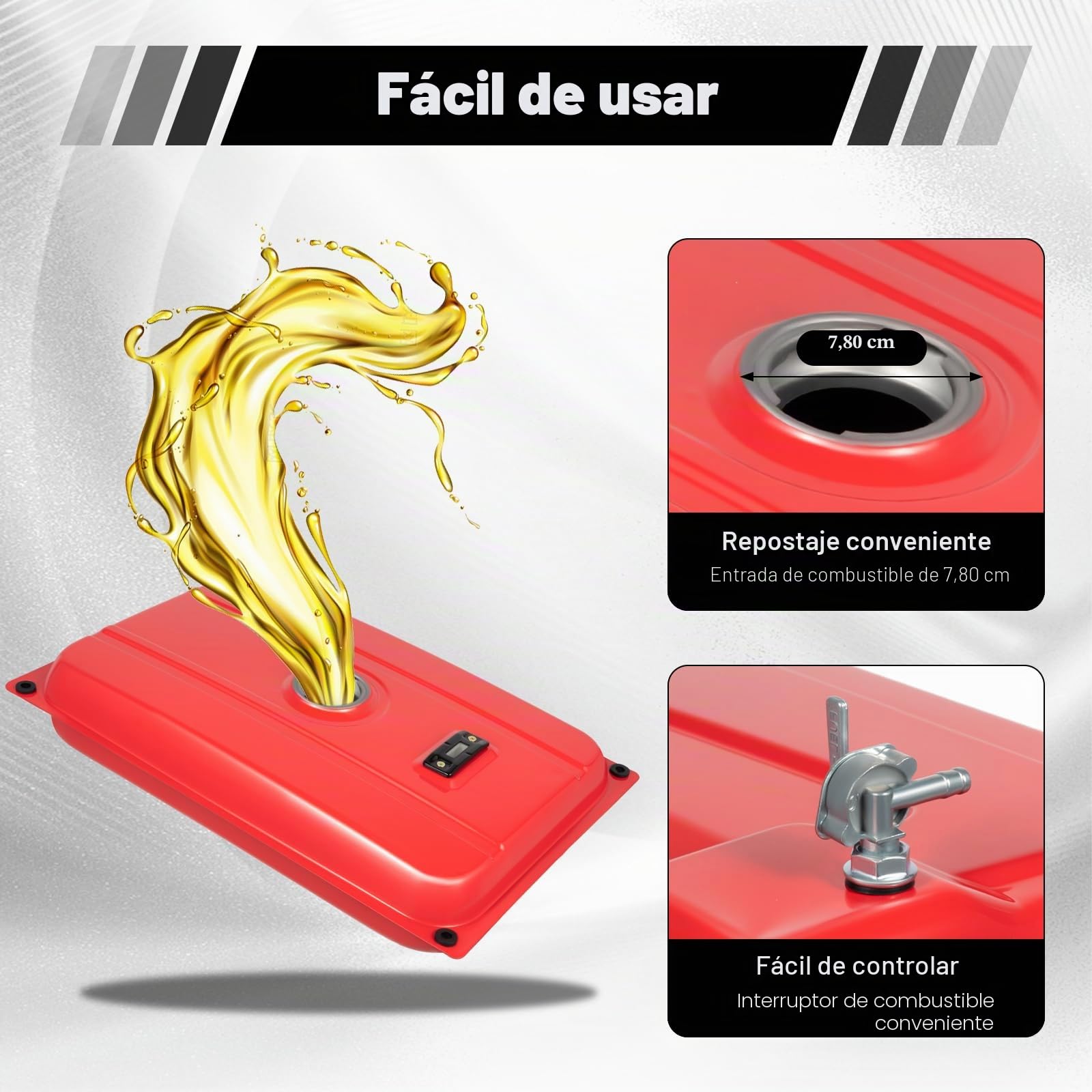 Depósito de combustible para generador [15L de hierro] Tanque de gasolina universal para generadores de electricidad, incl. filtro y llave de gasolina, 54,9x36 cm (Rojo) para construcción
