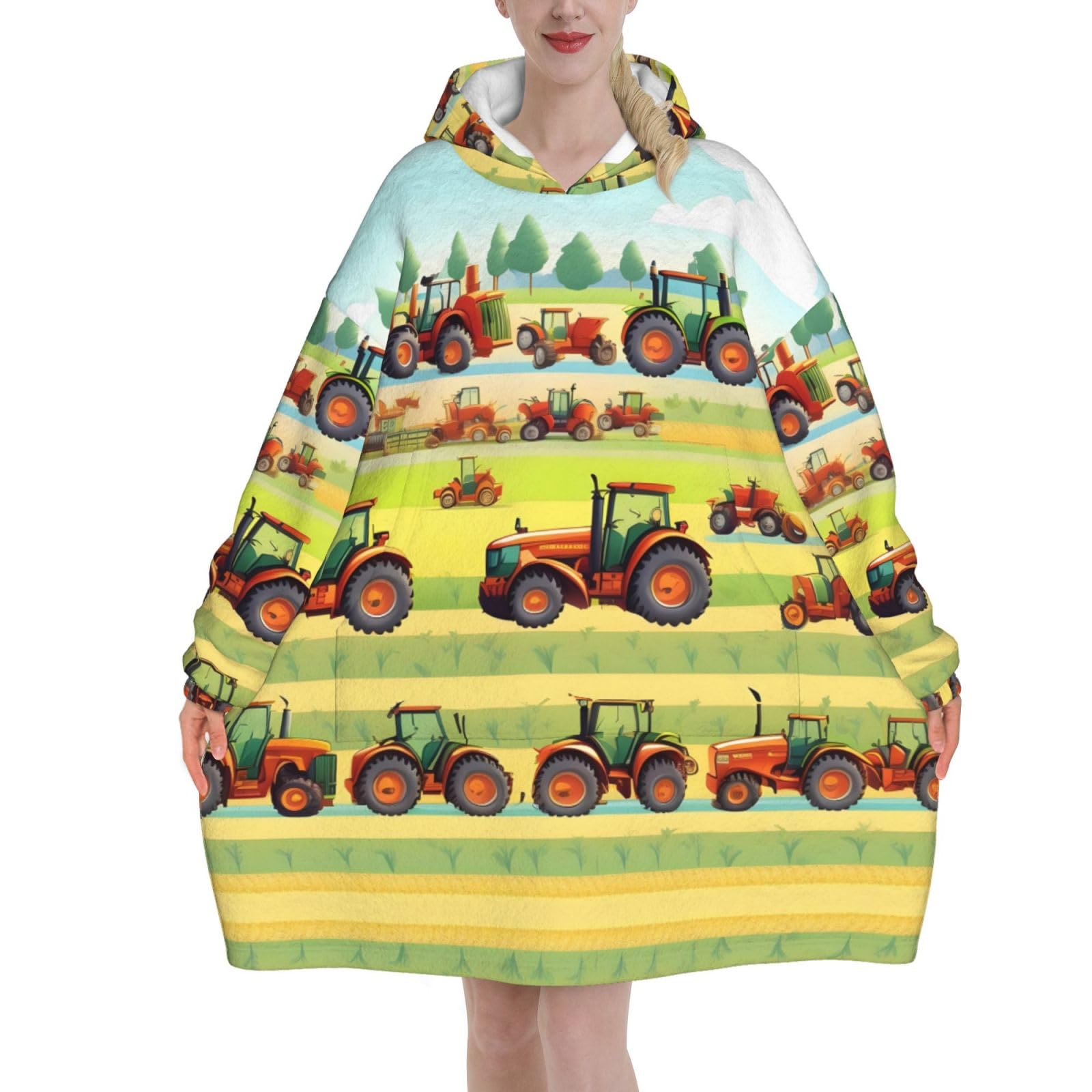 Loppott Unisex Black Tractor Farming Print Blanket Hoodie,Wearable Blanket Hoodie,Pullover With Large Front Pocket, Normal