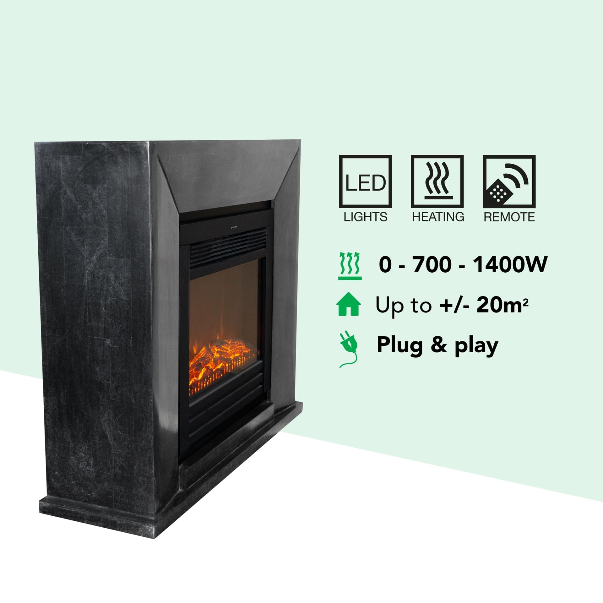 Xaralyn Nero - Camino elettrico con Lucius, antracite, rivestimento in pietra naturale nera, riscaldamento da 1400 Watt, telecomando